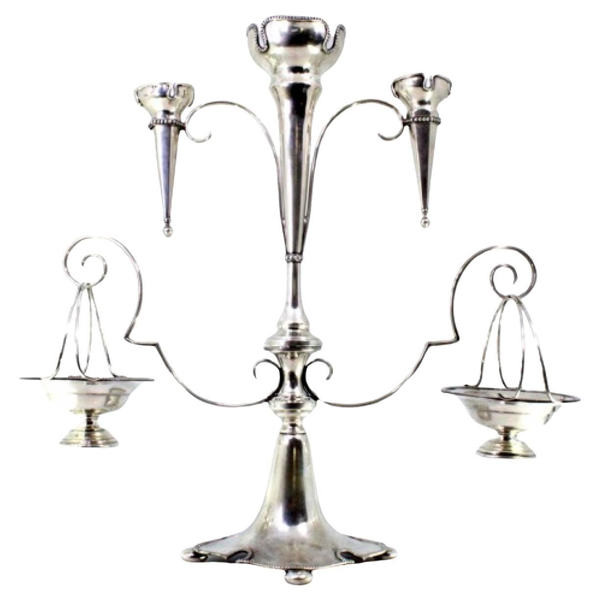 Silver planter with two suspended containers and cups, smooth body with cutouts For Sale