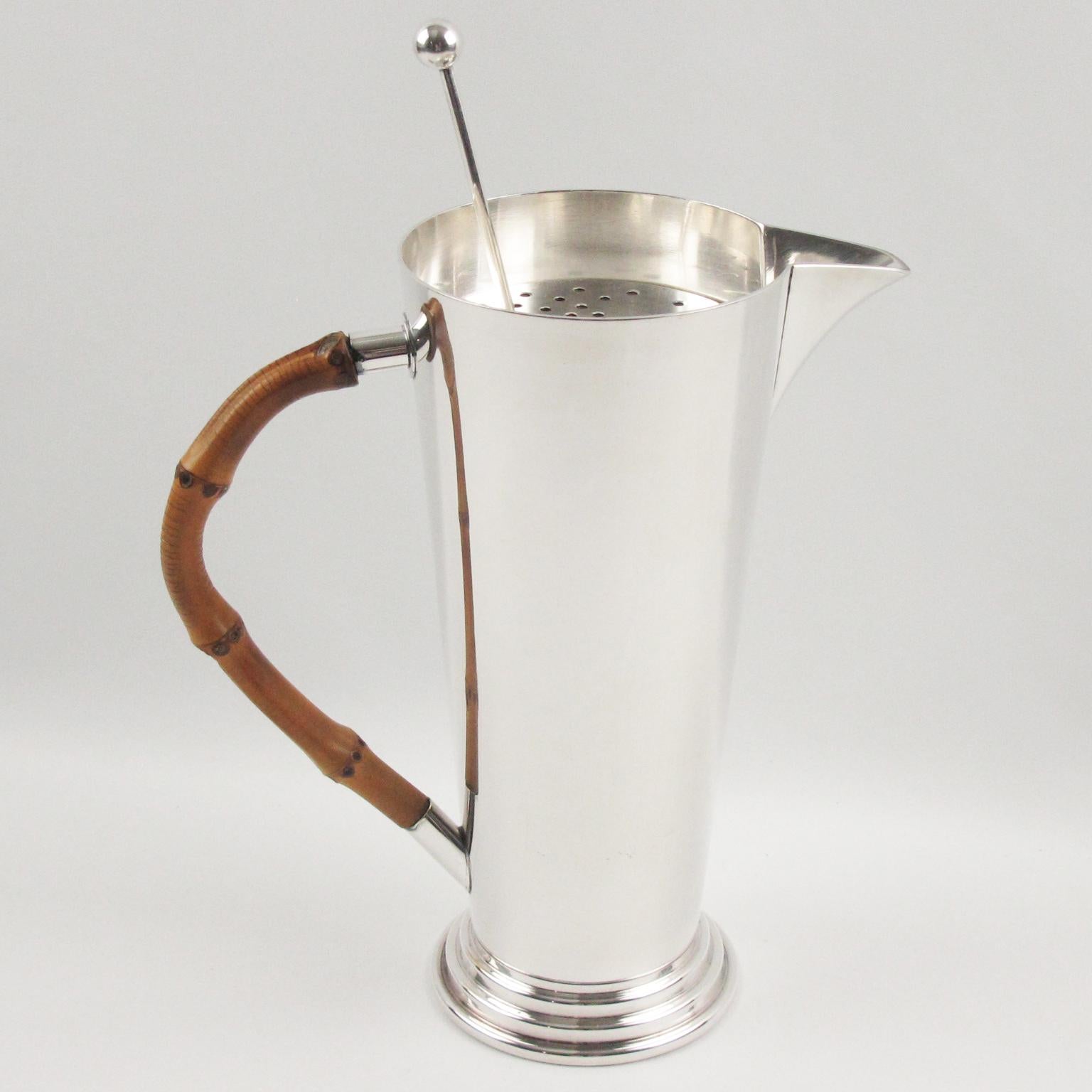 Modern Silver Plate and Bamboo Barware Cocktail Martini Pitcher and Spoon