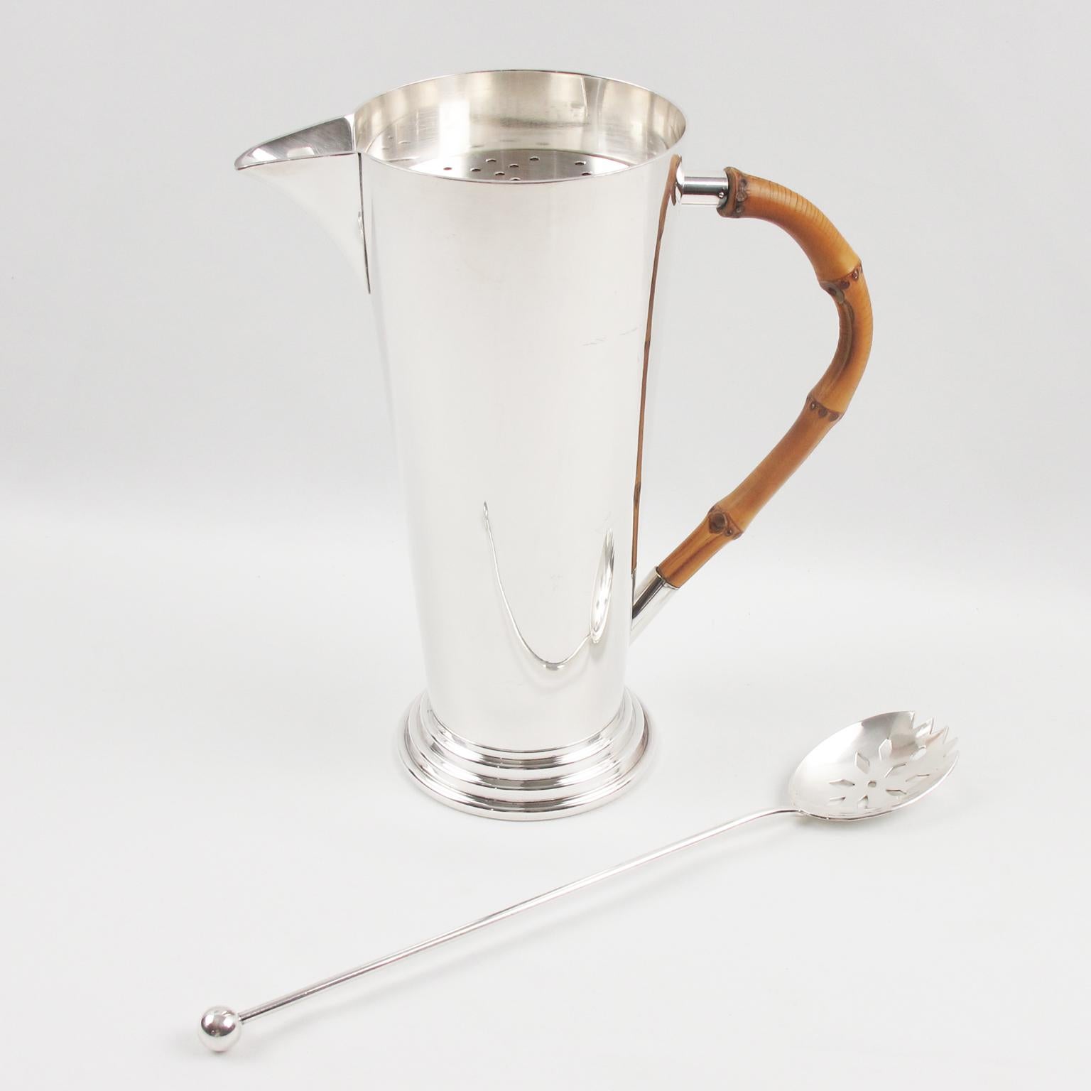 French Silver Plate and Bamboo Barware Cocktail Martini Pitcher and Spoon