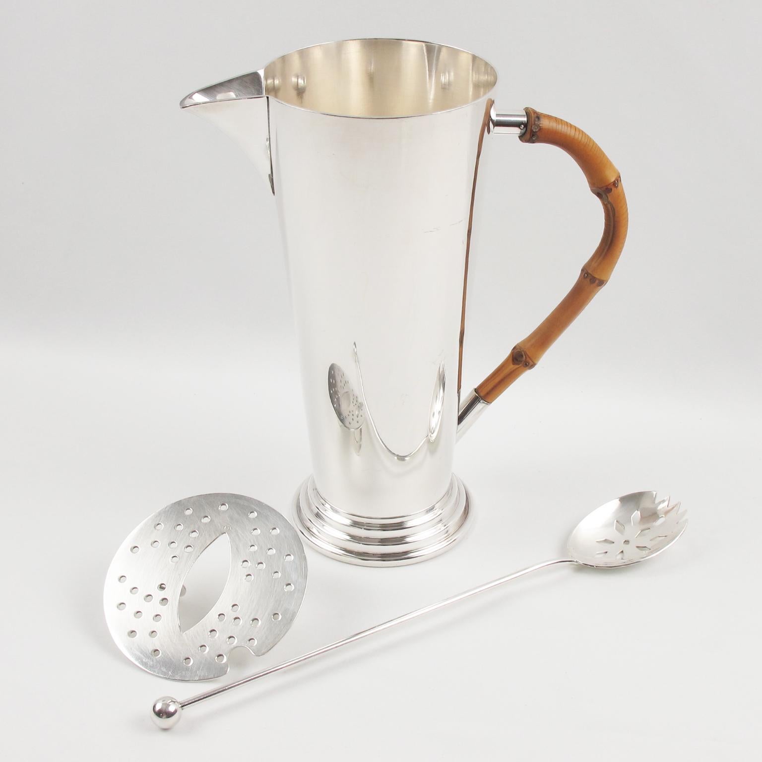 Silver Plate and Bamboo Barware Cocktail Martini Pitcher and Spoon In Good Condition In Atlanta, GA
