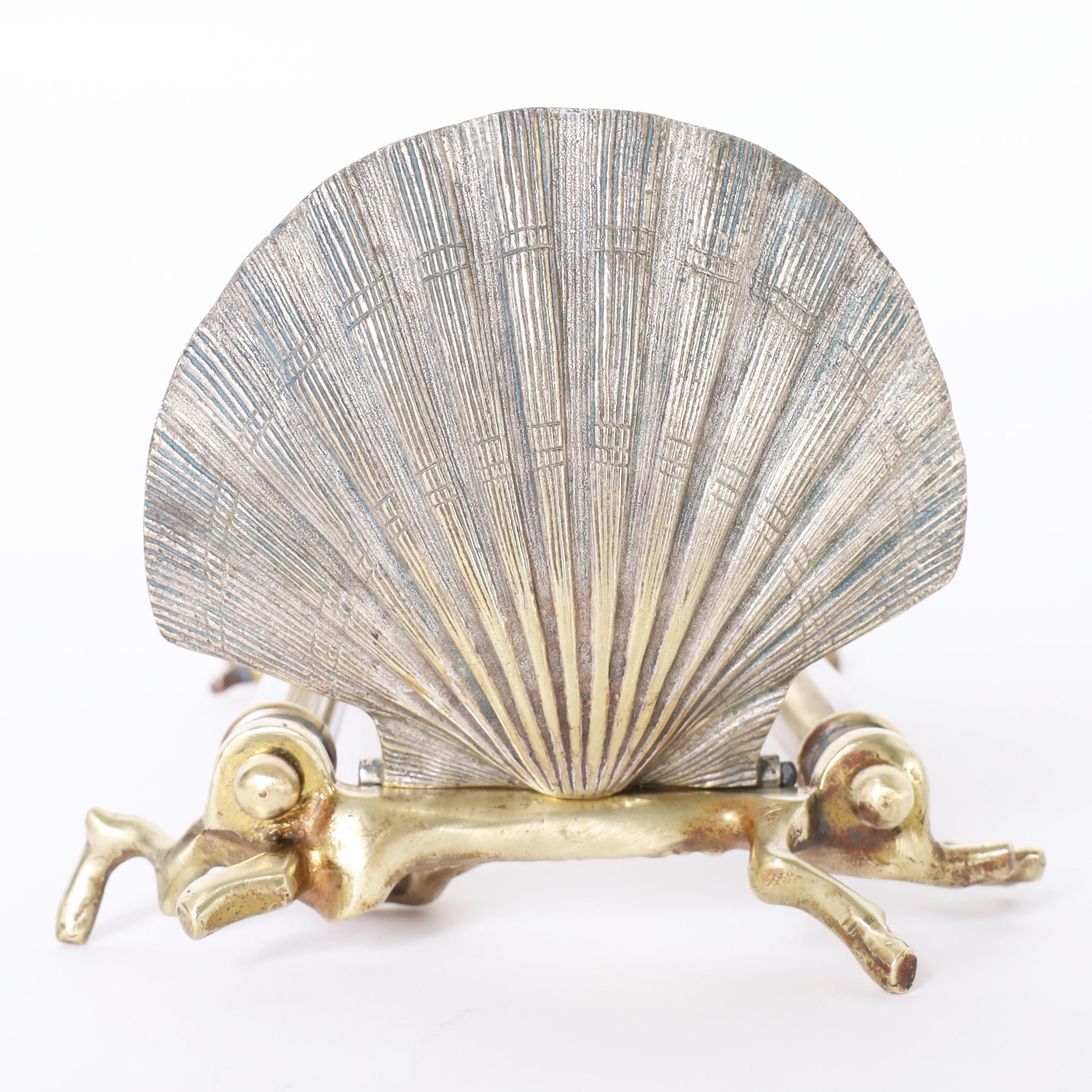 Edwardian Silver Plate and Brass Seashell Bookends For Sale