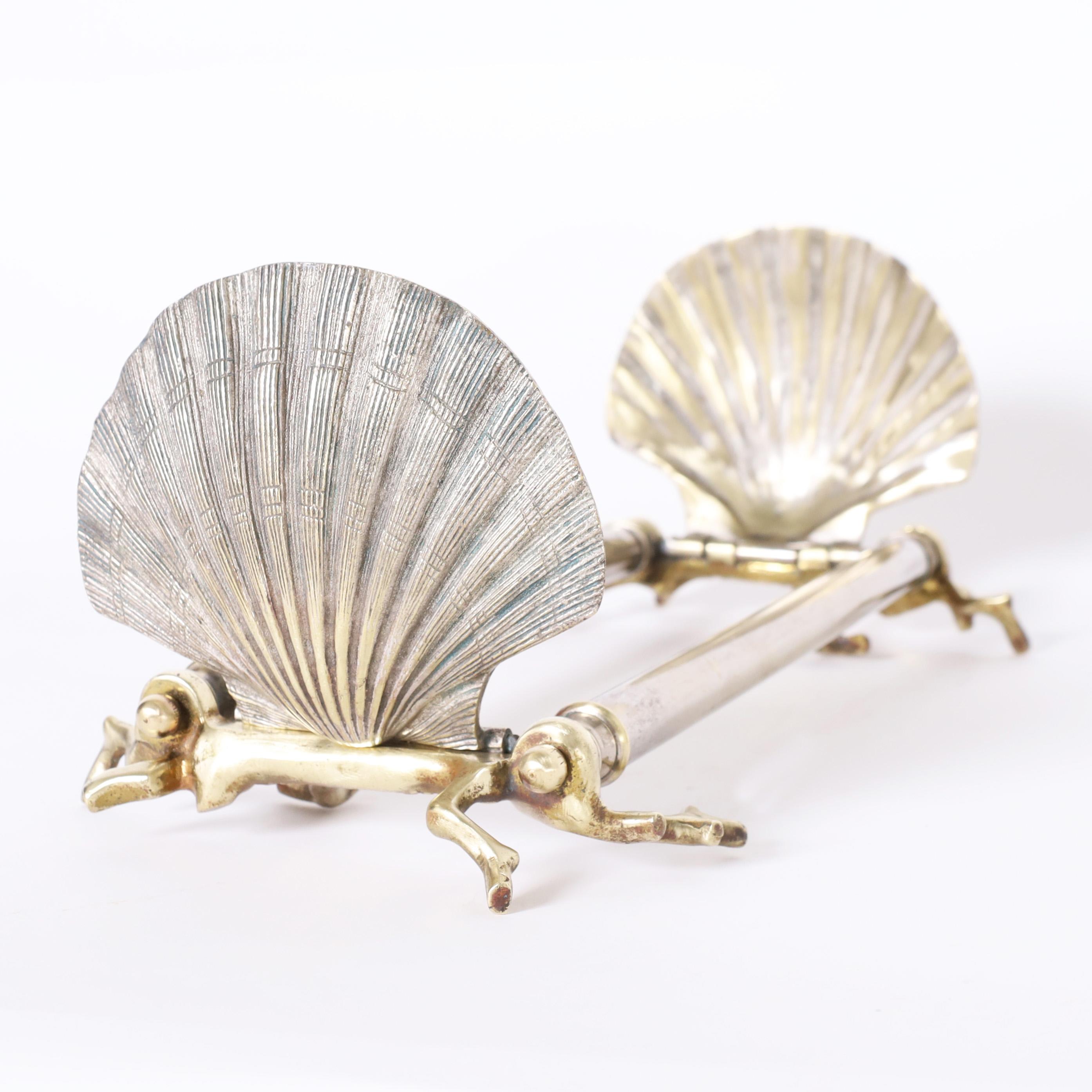 English Silver Plate and Brass Seashell Bookends For Sale