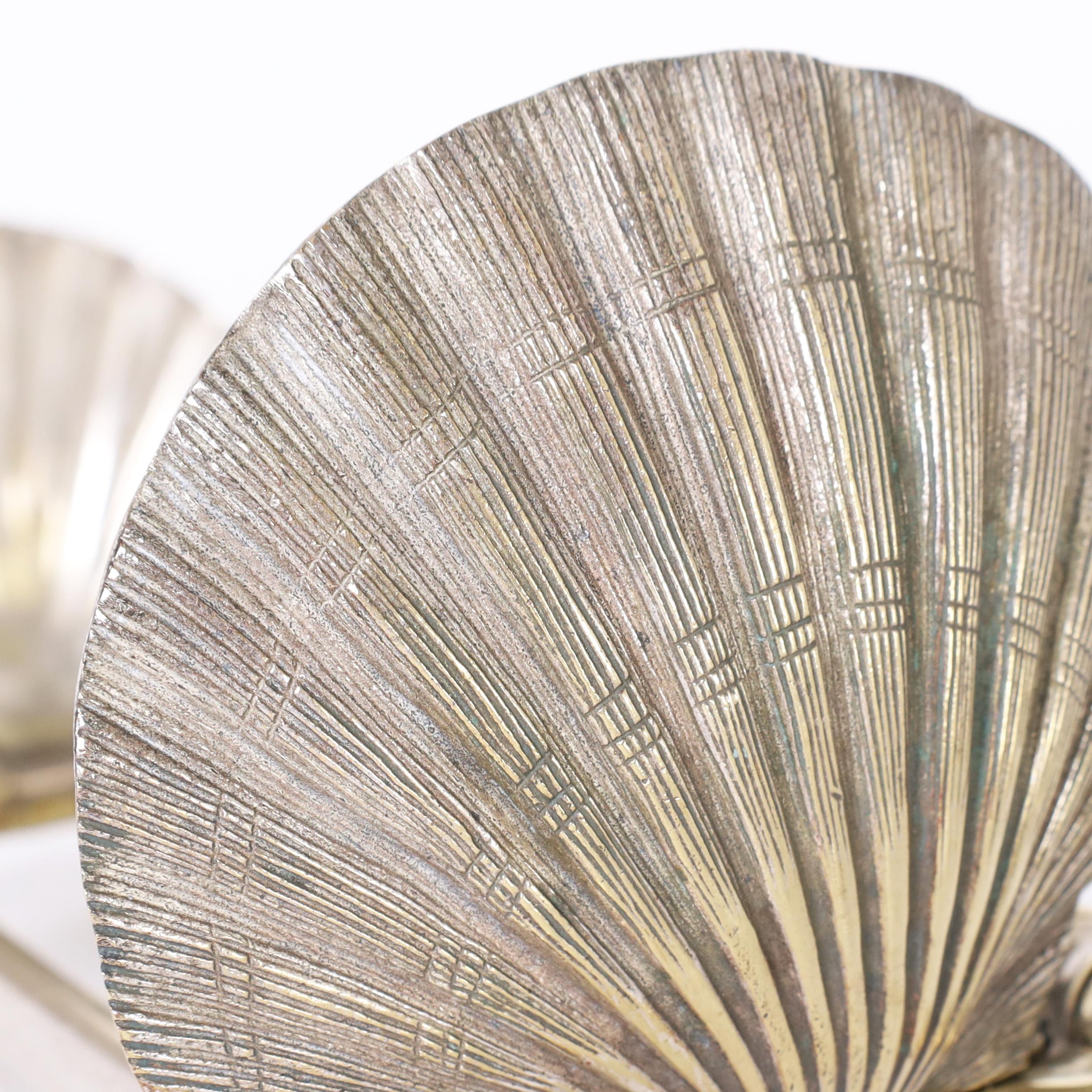 Polished Silver Plate and Brass Seashell Bookends For Sale