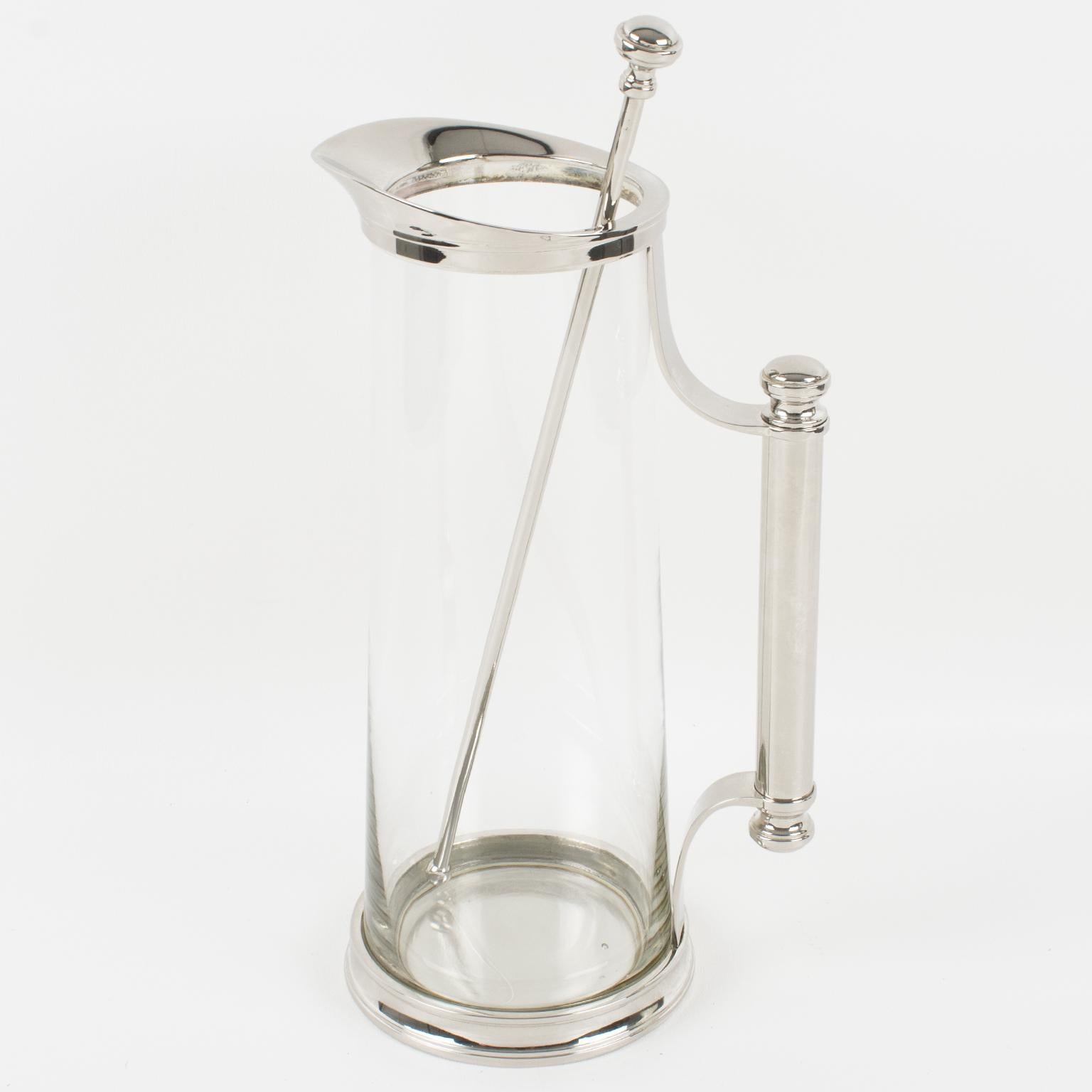 A lovely streamlined barware set designed by Godinger. Sleek and modernist design with extra tall silver plate and crystal Martini pitcher or mixer jug, and long stirrer. The crystal glass body of the martini pitcher is complemented by silver plated