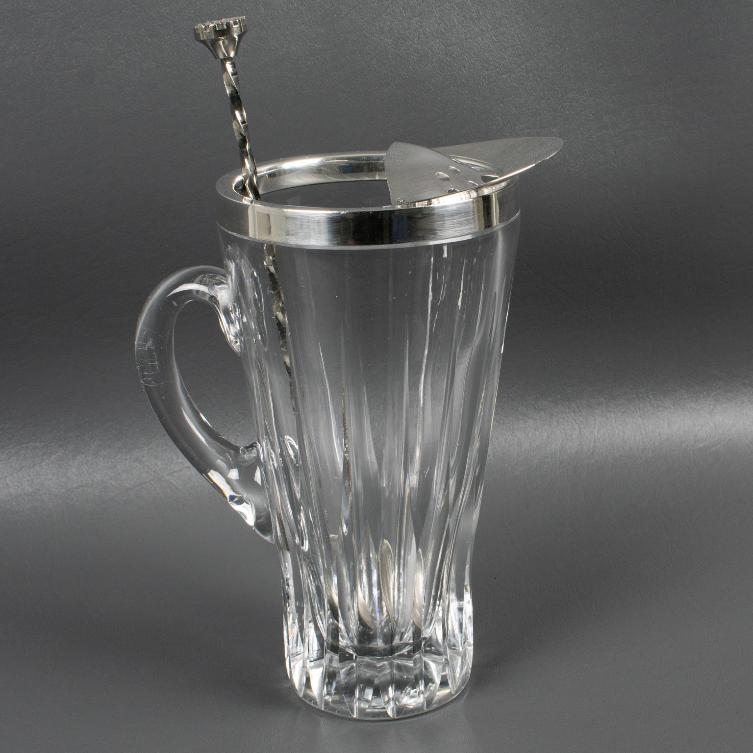 Art Deco Silver Plate and Crystal Barware Cocktail Martini Pitcher with Stirrer