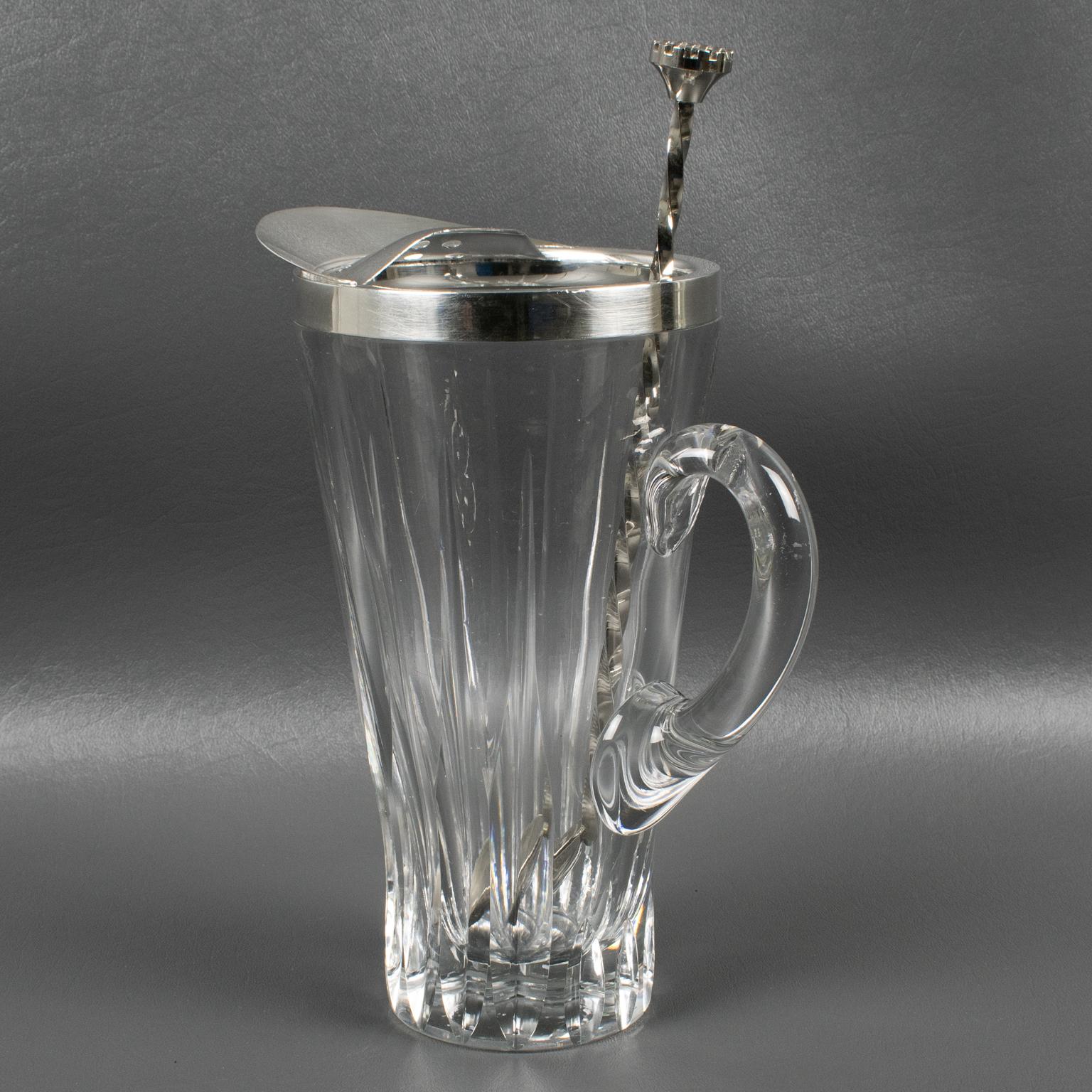Silver Plate and Crystal Barware Cocktail Martini Pitcher with Stirrer In Excellent Condition In Atlanta, GA