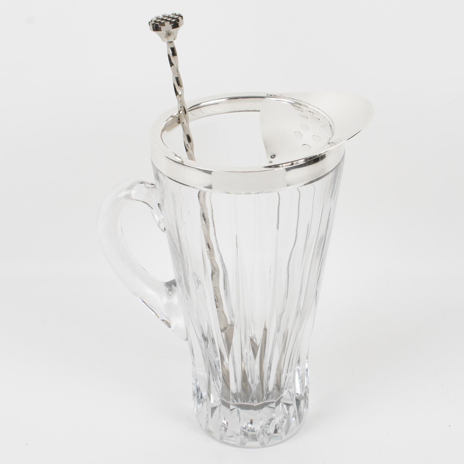 Mid-20th Century Silver Plate and Crystal Barware Cocktail Martini Pitcher with Stirrer
