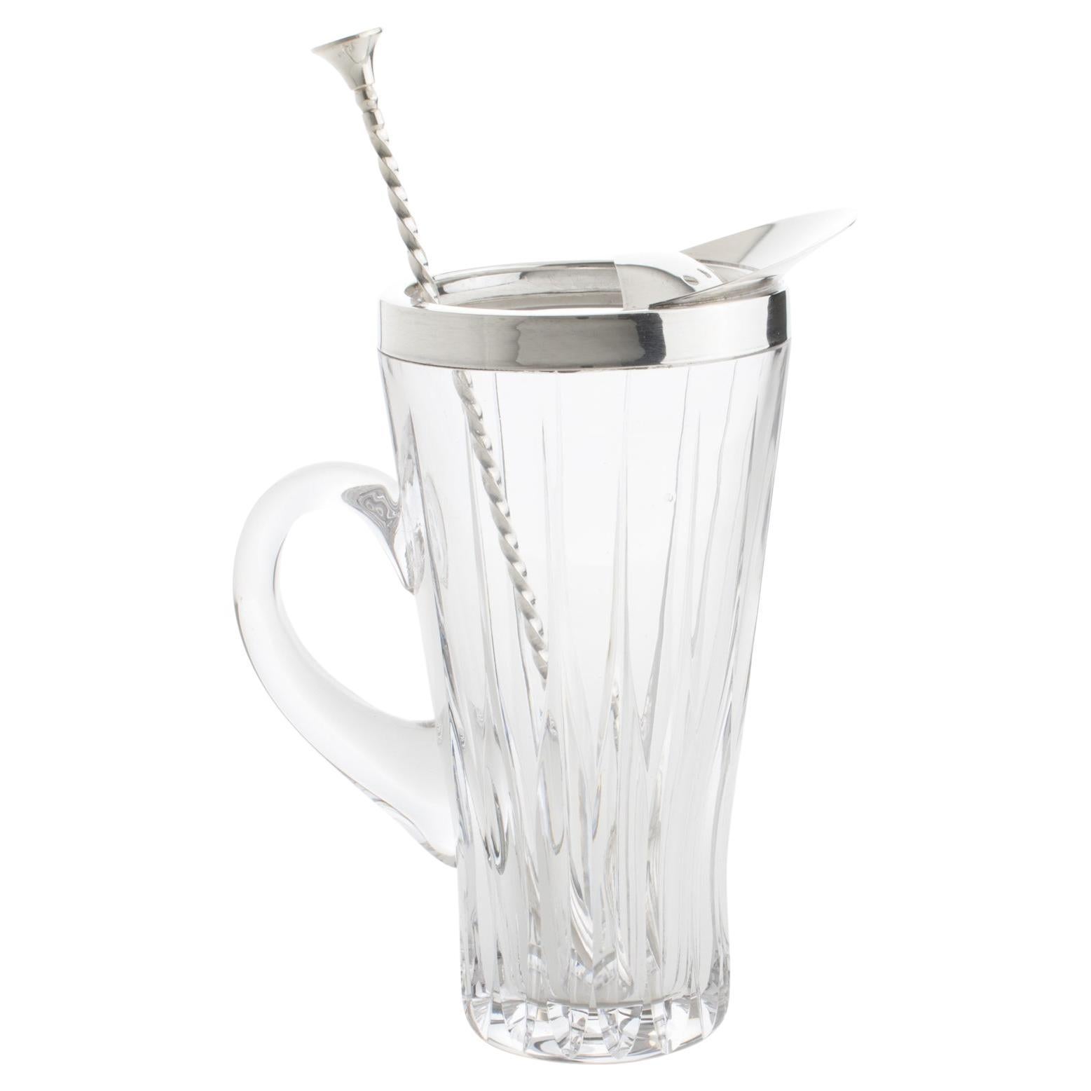 Silver Plate and Crystal Barware Cocktail Martini Pitcher with Stirrer Spoon