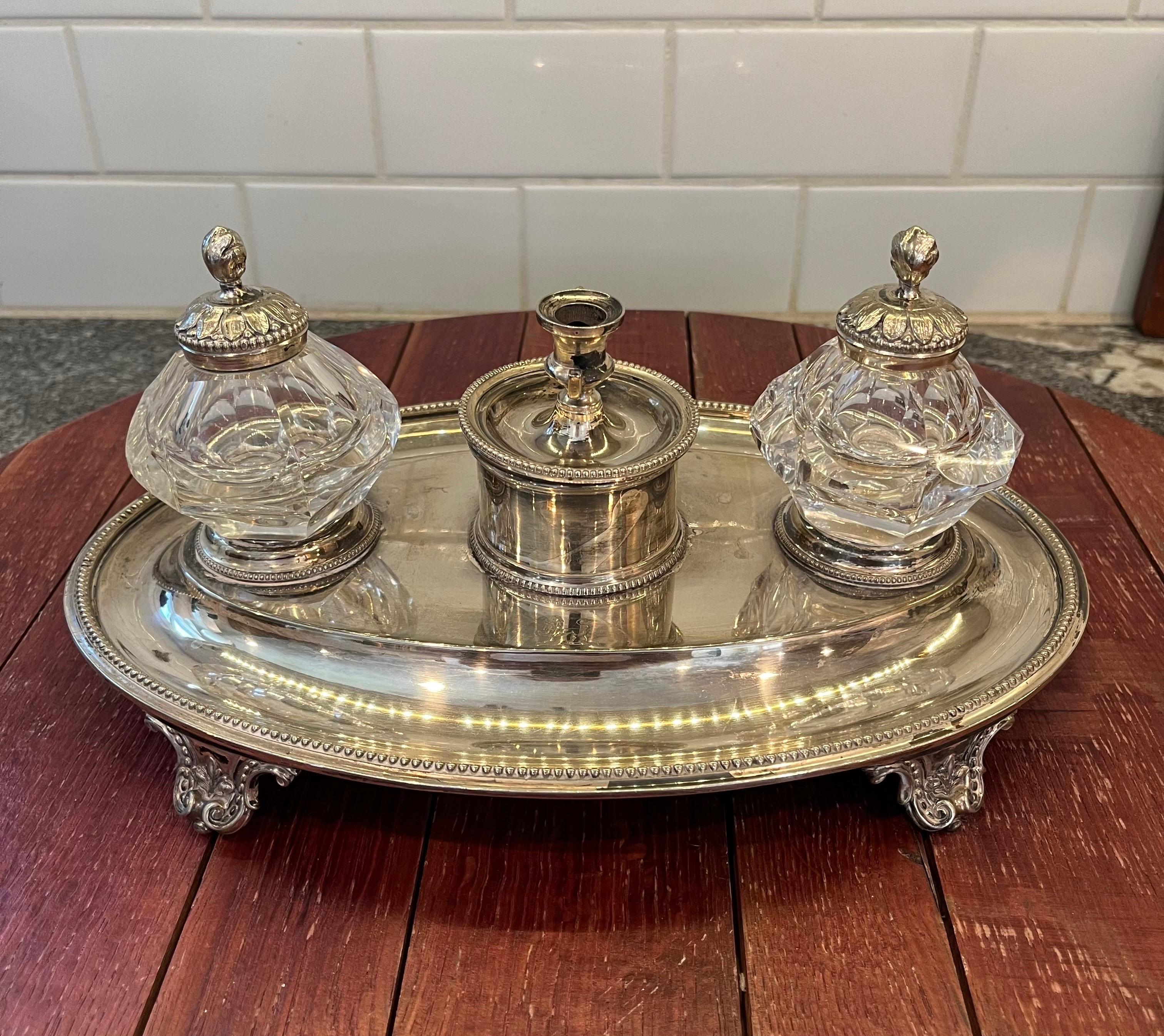 Georgian Silver Plate and Crystal Ink Stand For Sale
