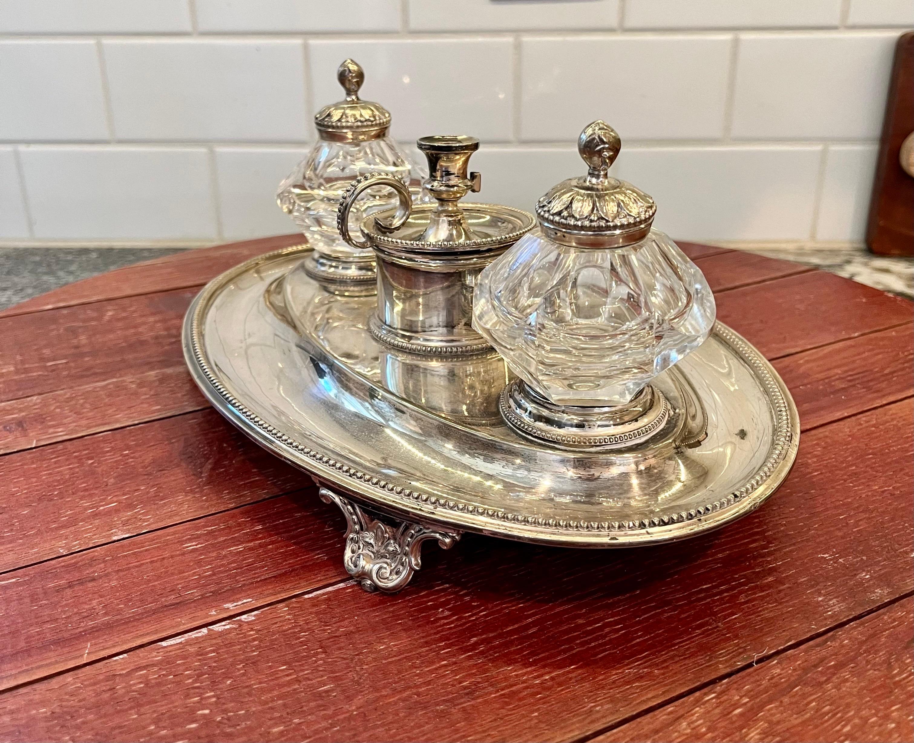 19th Century Silver Plate and Crystal Ink Stand For Sale