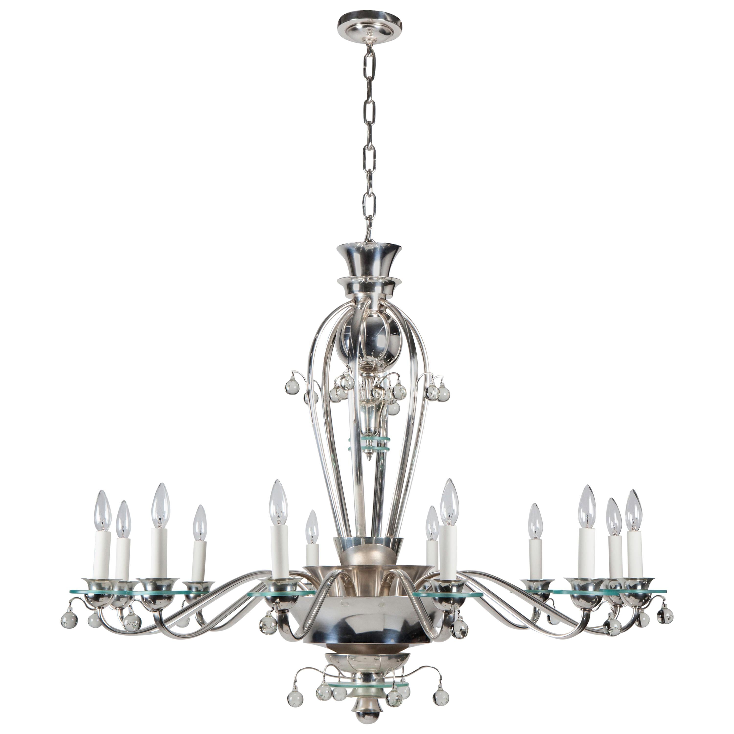 Silver Plate and Glass Art Deco Chandelier with Crystal Ball Drops, circa 1930s For Sale