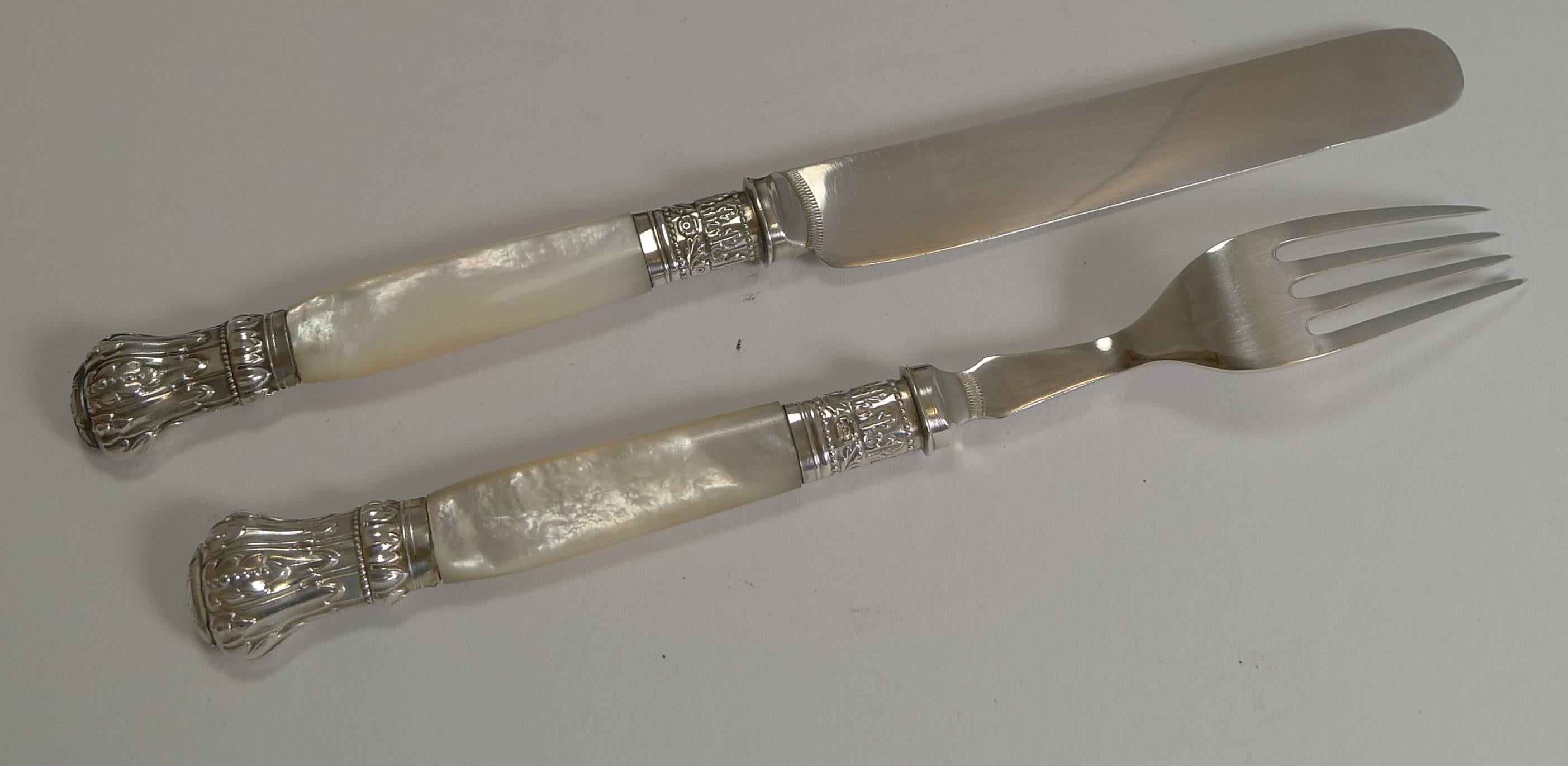 19th Century  Silver Plate and Mother-of-Pearl Fruit / Desert Knives and Forks