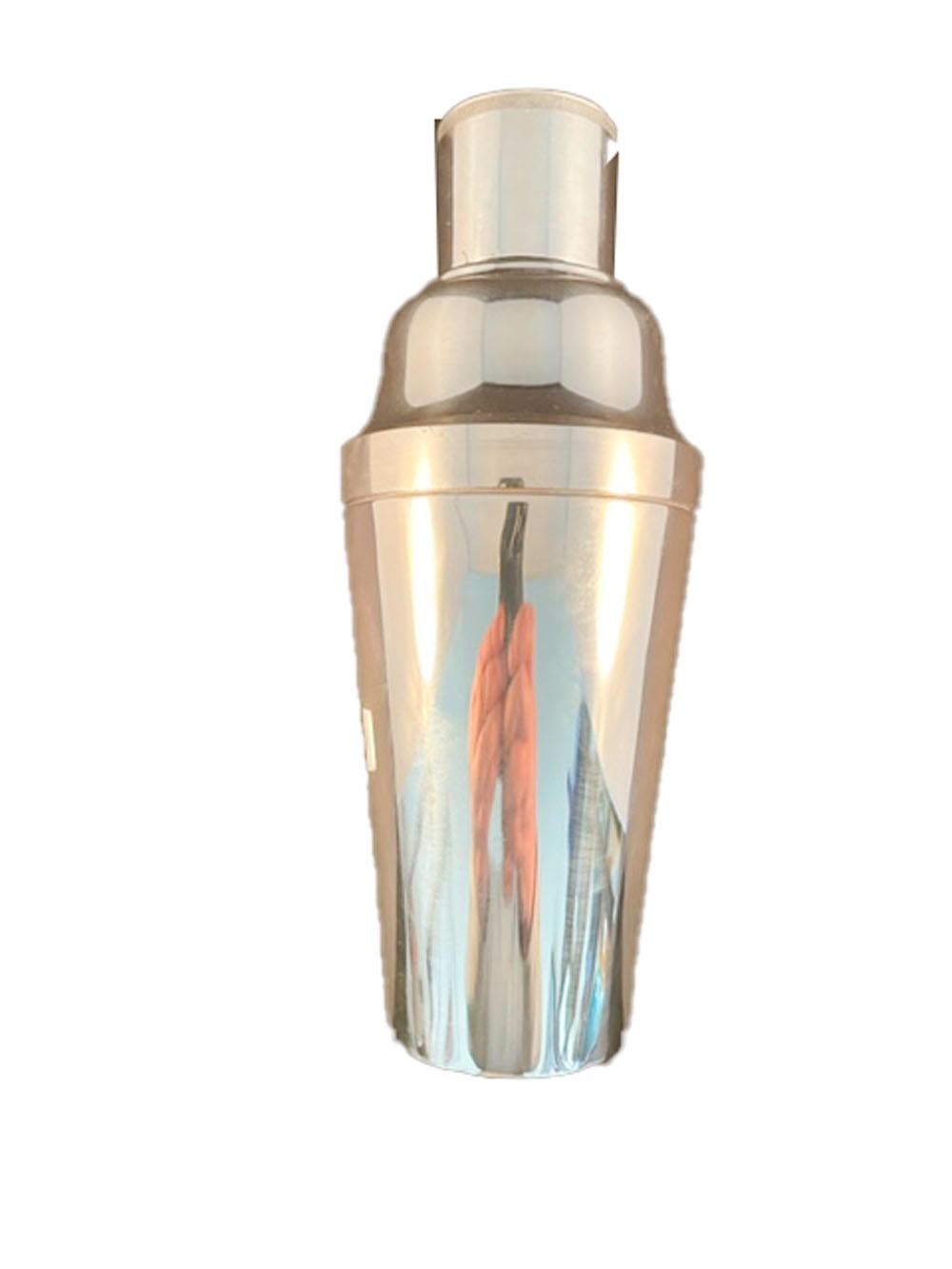 Art Deco silver plate cobbler type cocktail shaker with ice breaker / muddler in the lid and marked 