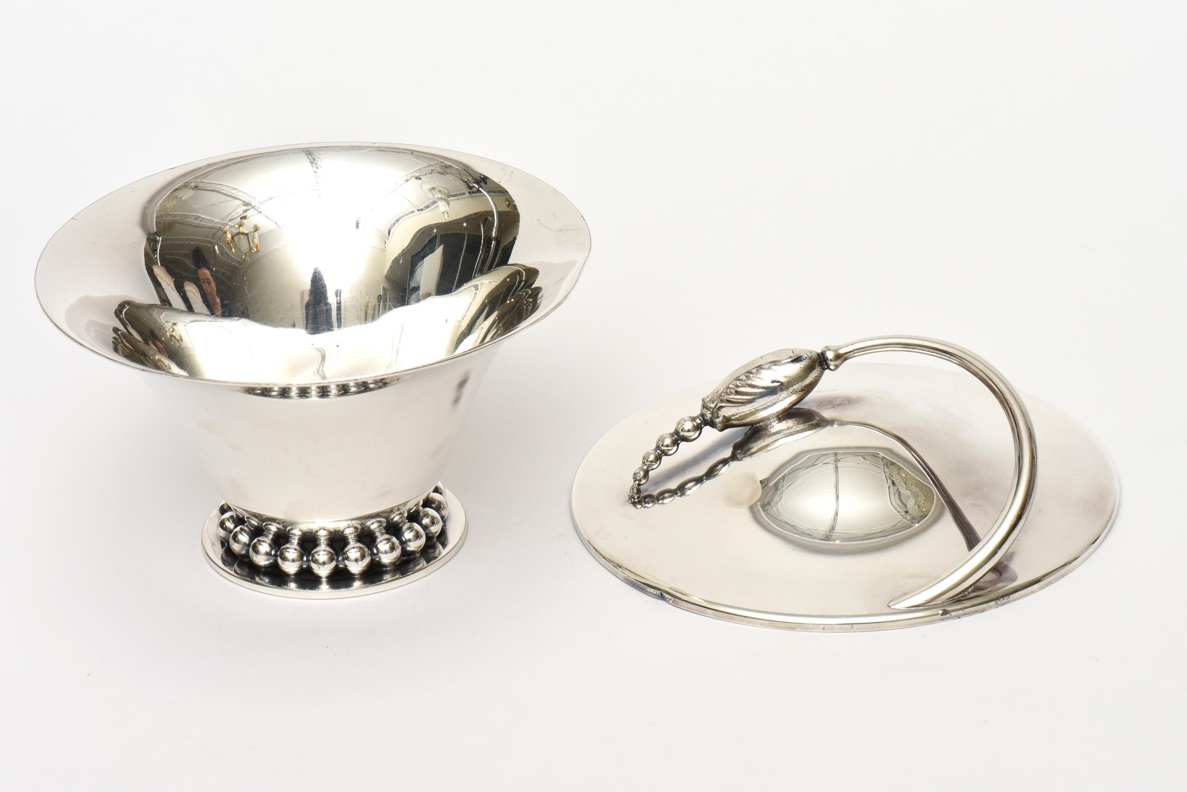 Mid-Century Modern Silver-Plate Beaded Vessel, Bowl And Serving Piece with Flower Pod Lid Vintage For Sale