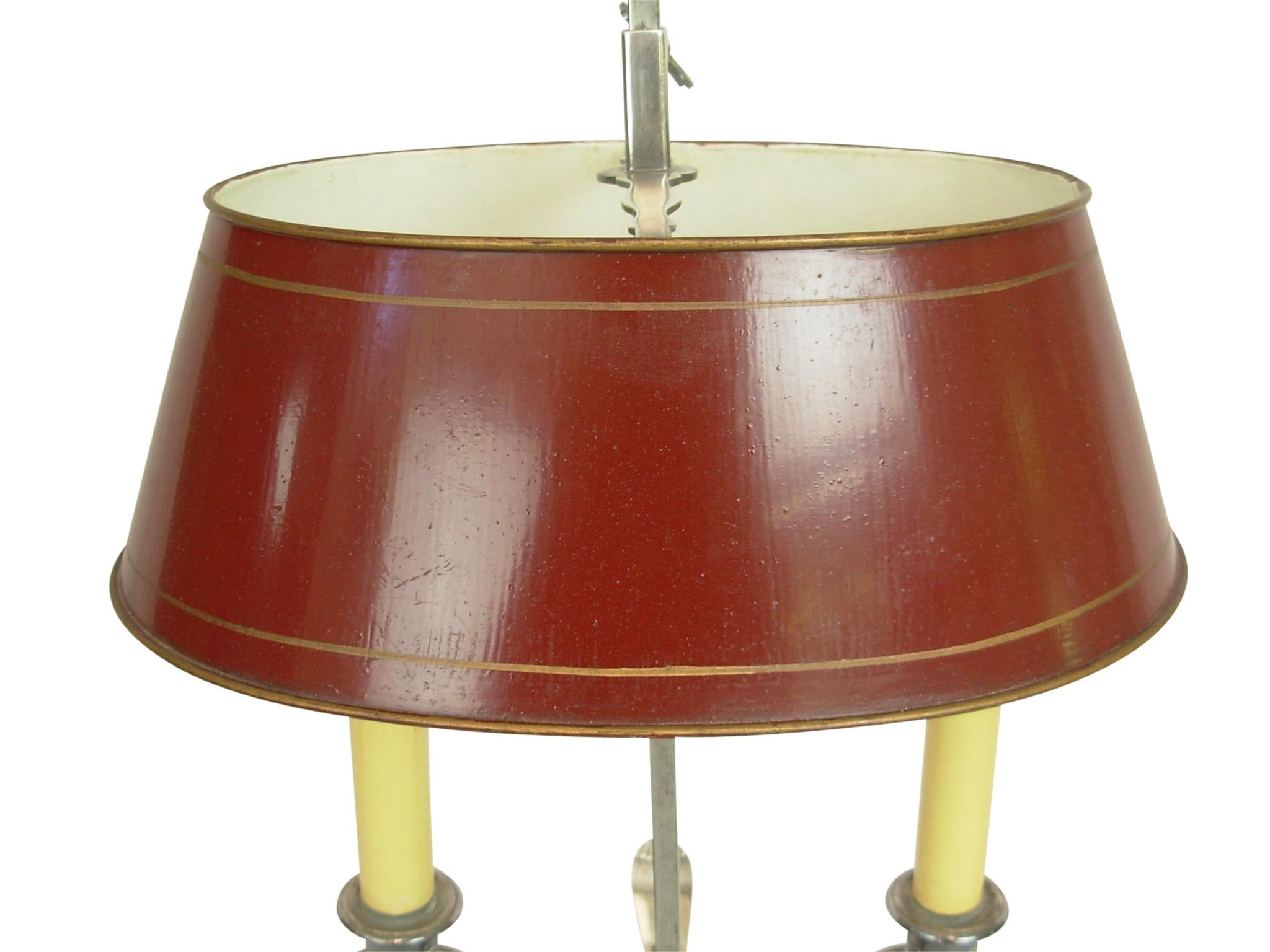 Silver-Plate Bouillotte Lamp with Red Tole Shade, Early 20th Century In Good Condition In San Francisco, CA