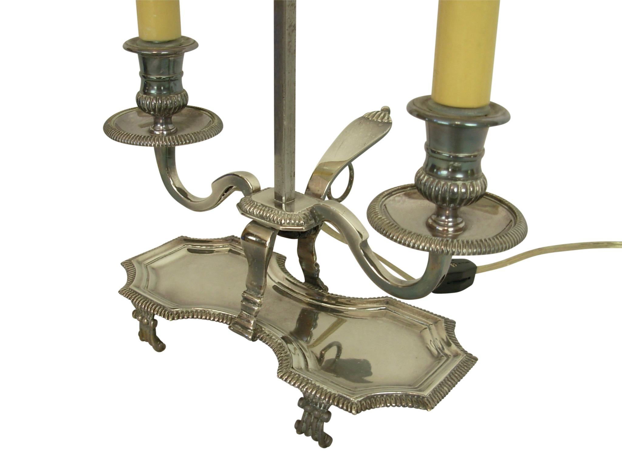 Silver-Plate Bouillotte Lamp with Red Tole Shade, Early 20th Century 2