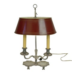 Silver-Plate Bouillotte Lamp with Red Tole Shade, Early 20th Century