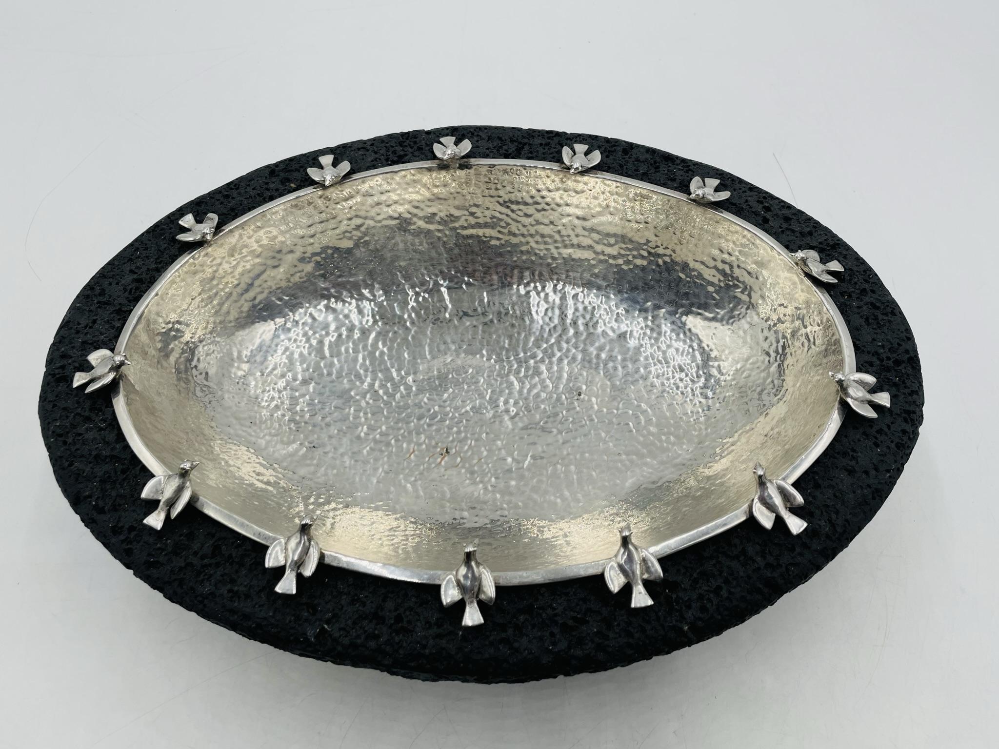 Modern Silver-Plate Bowl with Bird Detail on Volcanic Rock baseby Emilia Castillo For Sale