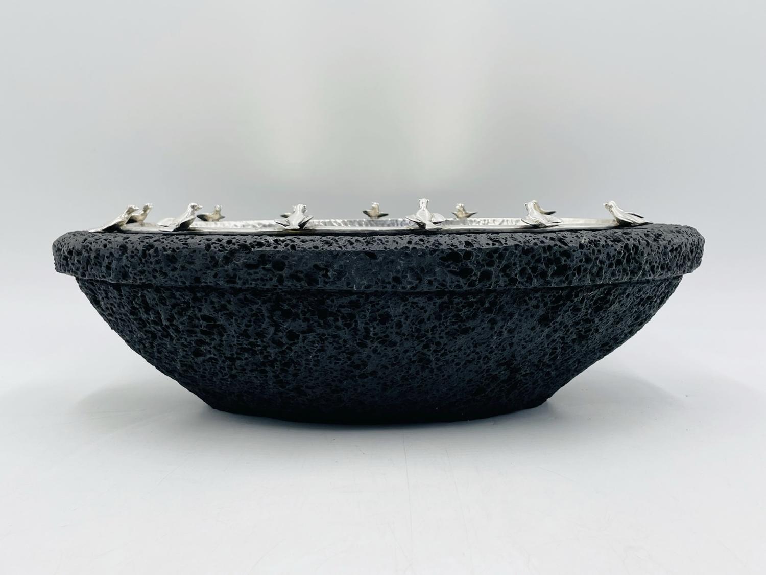 Mexican Silver-Plate Bowl with Bird Detail on Volcanic Rock baseby Emilia Castillo For Sale