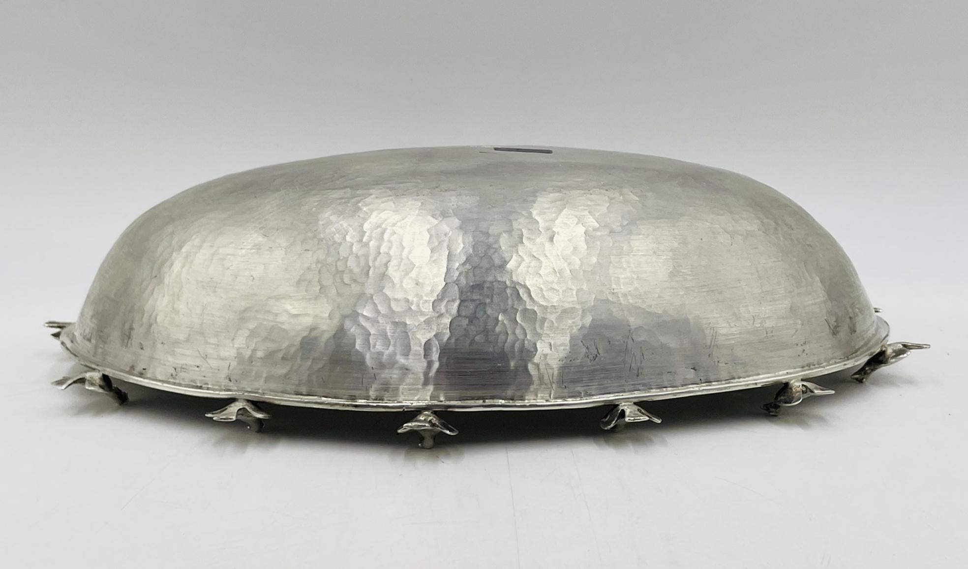 Contemporary Silver-Plate Bowl with Bird Detail on Volcanic Rock baseby Emilia Castillo For Sale