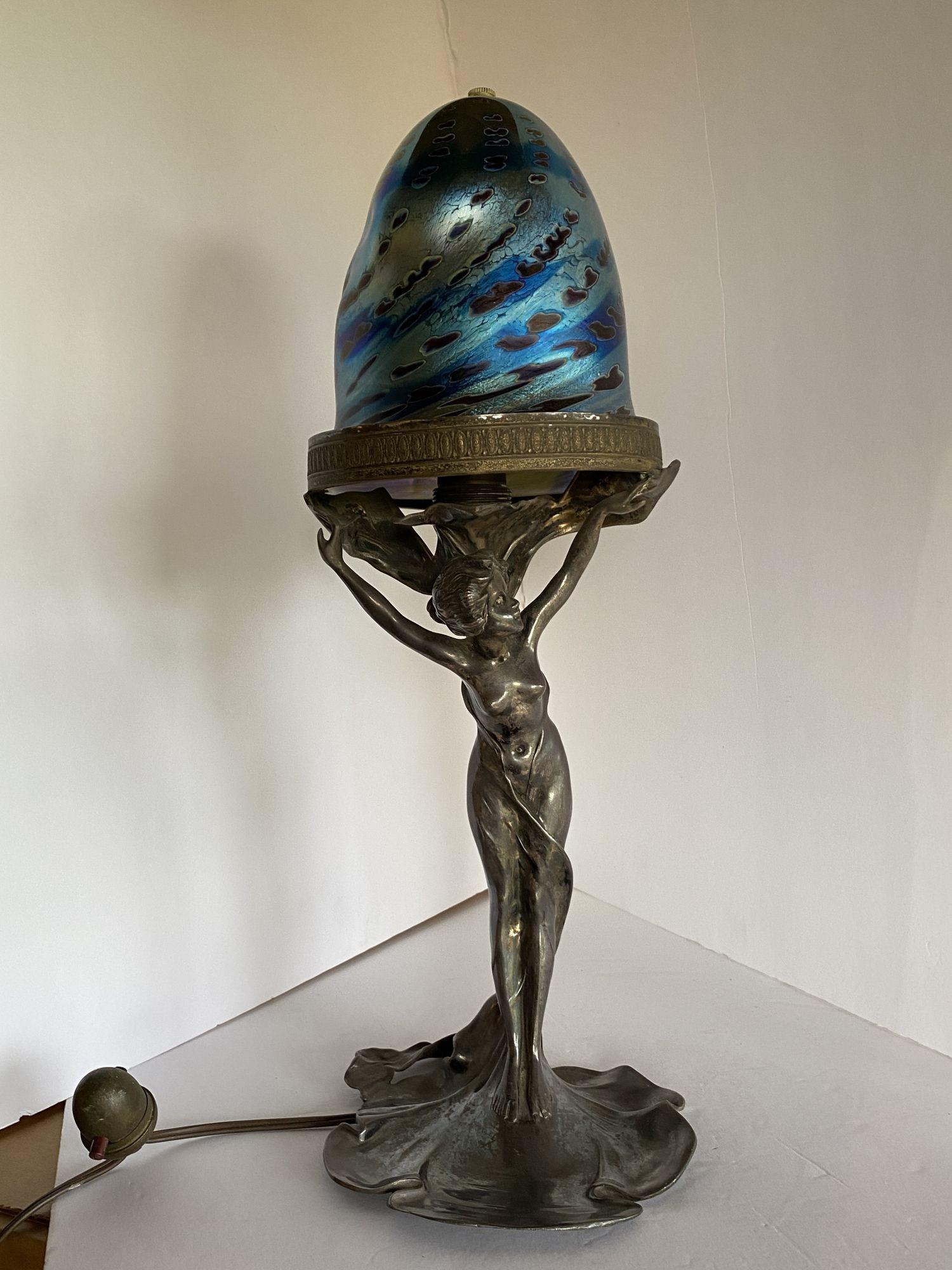 Silver Plate Bronze Nude Female Art Nouveau Lamp w/ Iridescent Art Glass Shade 3