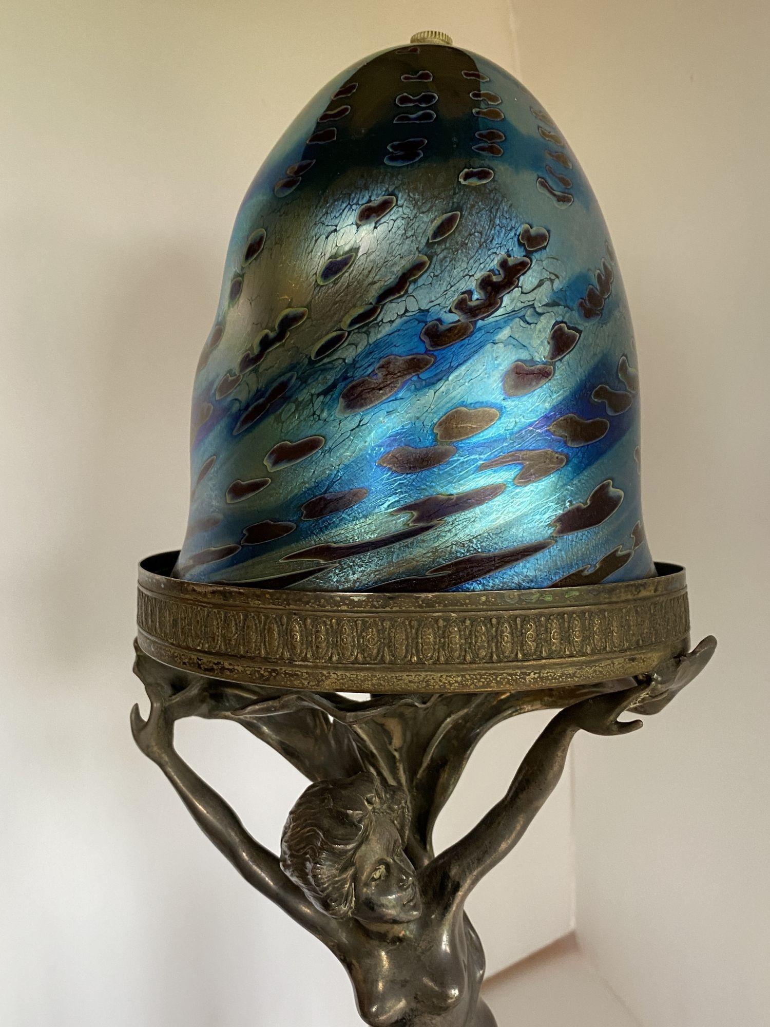Silver Plate Bronze Nude Female Art Nouveau Lamp w/ Iridescent Art Glass Shade 4