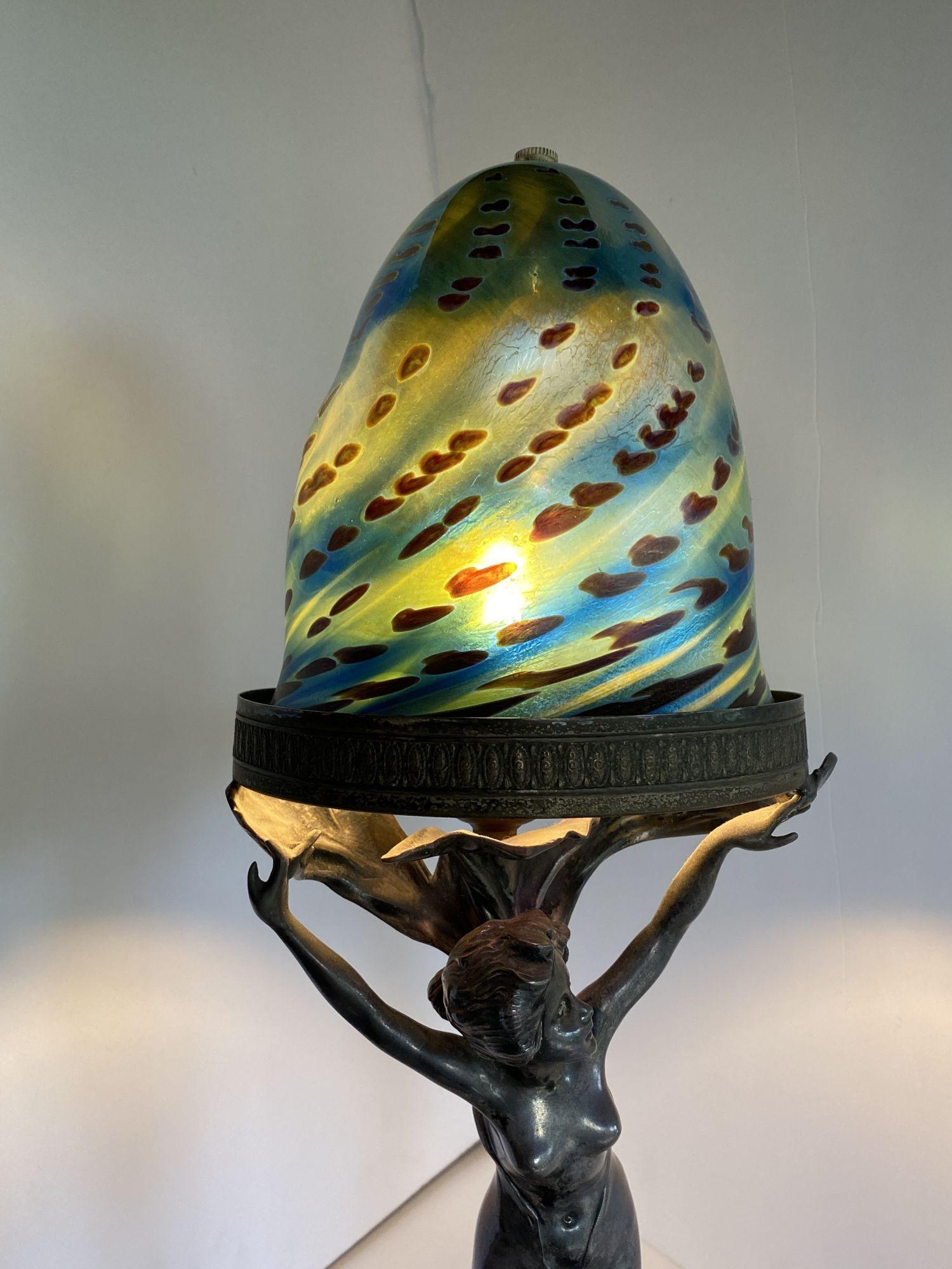 Silver Plate Bronze Nude Female Art Nouveau Lamp w/ Iridescent Art Glass Shade 5