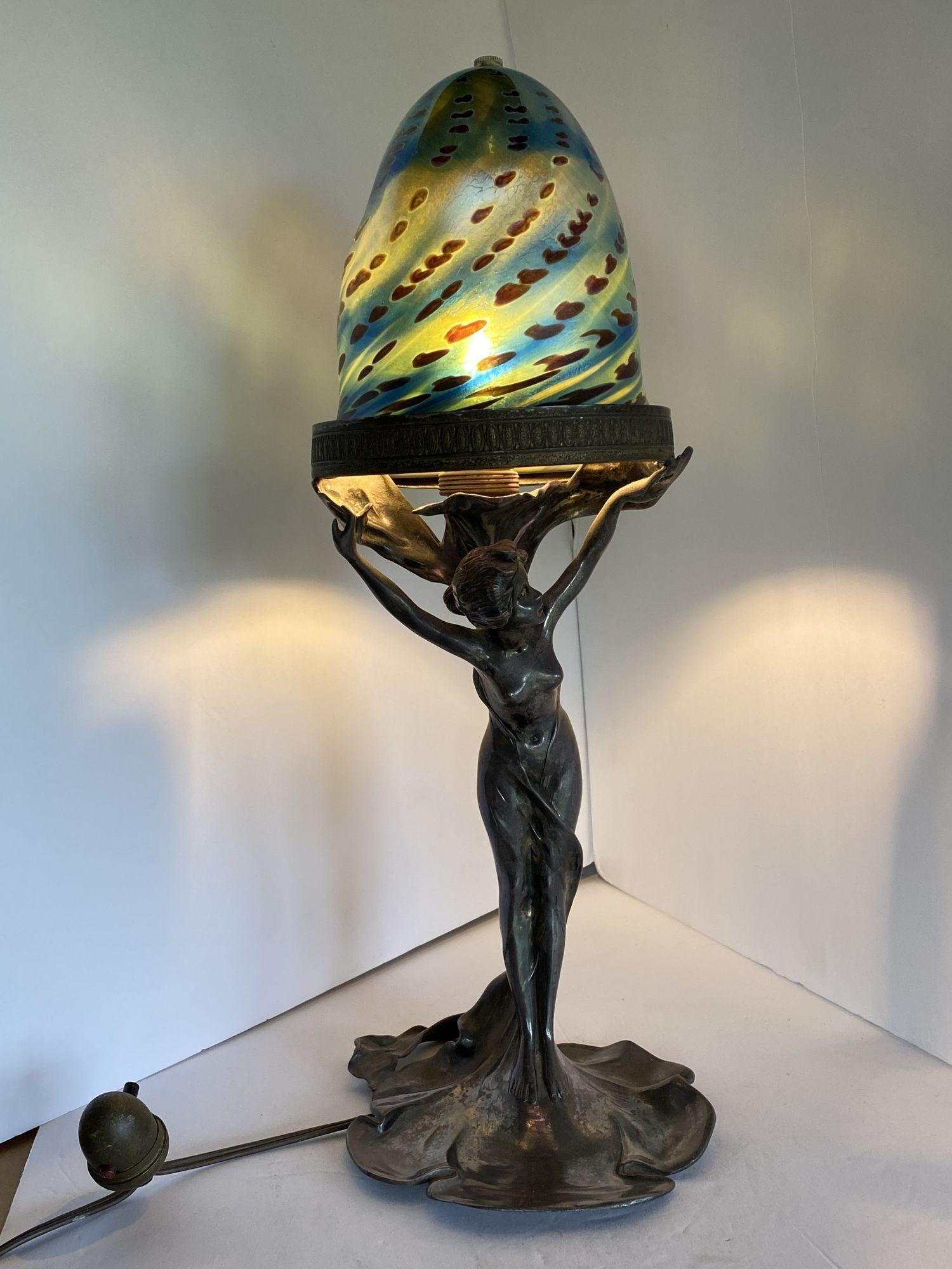 American Silver Plate Bronze Nude Female Art Nouveau Lamp w/ Iridescent Art Glass Shade