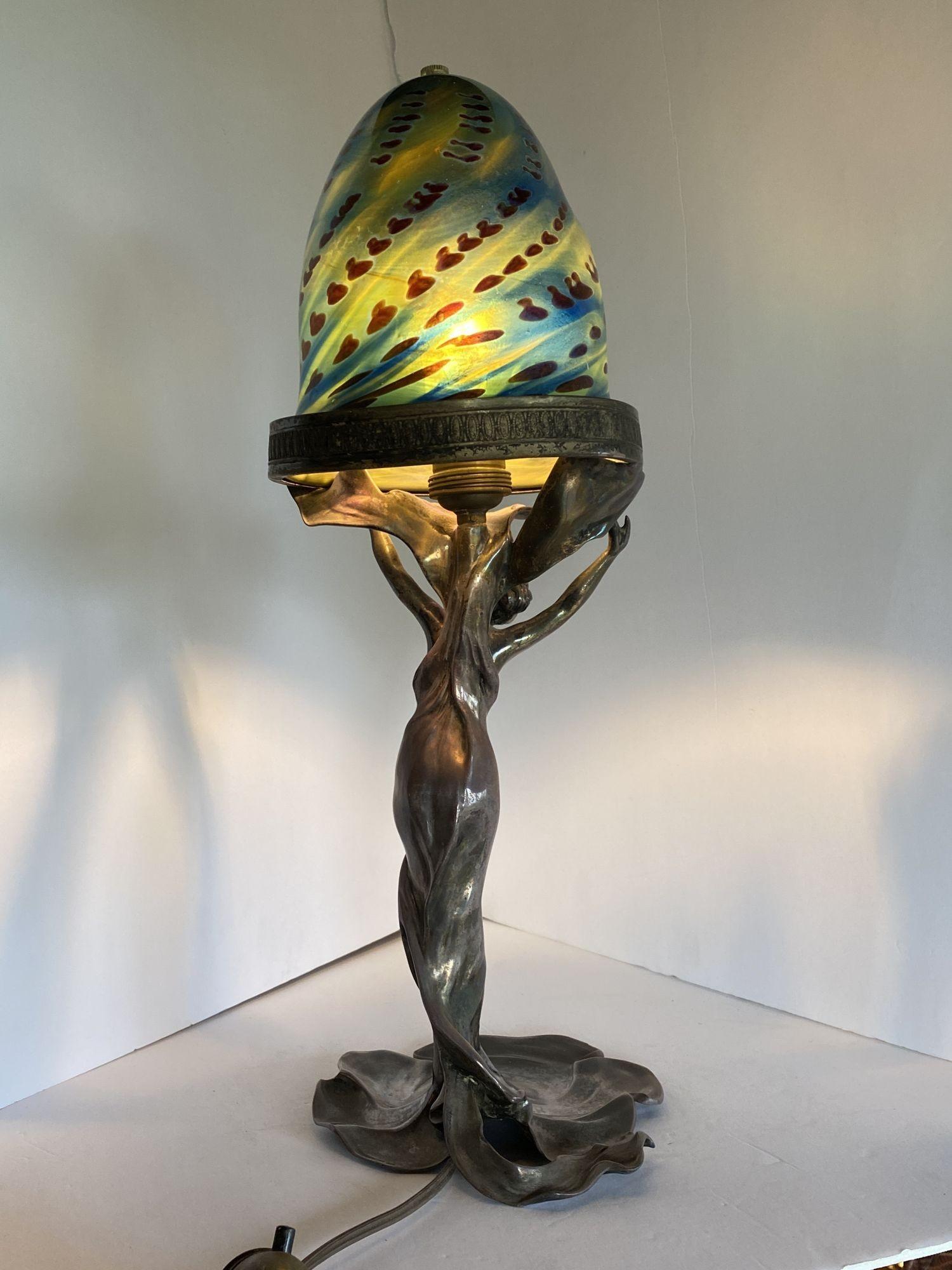 Silver Plate Bronze Nude Female Art Nouveau Lamp w/ Iridescent Art Glass Shade 1