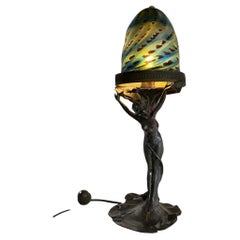 Silver Plate Bronze Nude Female Art Nouveau Lamp w/ Iridescent Art Glass Shade