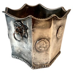 Silver Plate Cache Pot, Planter with Lions Heads and Silver Coins