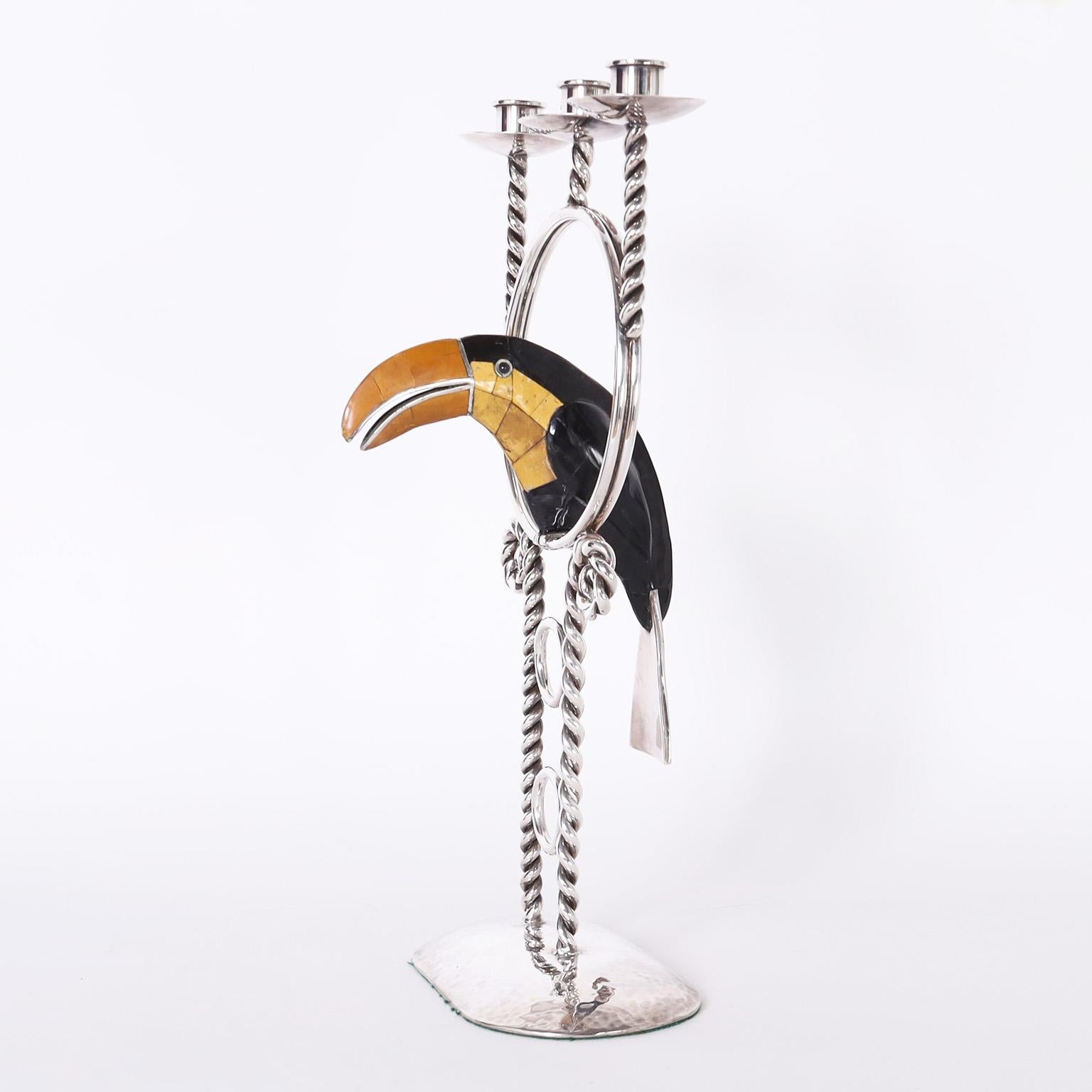 Mid-Century Modern Silver Plate Candelabra with Toucan by Emilla Castillo