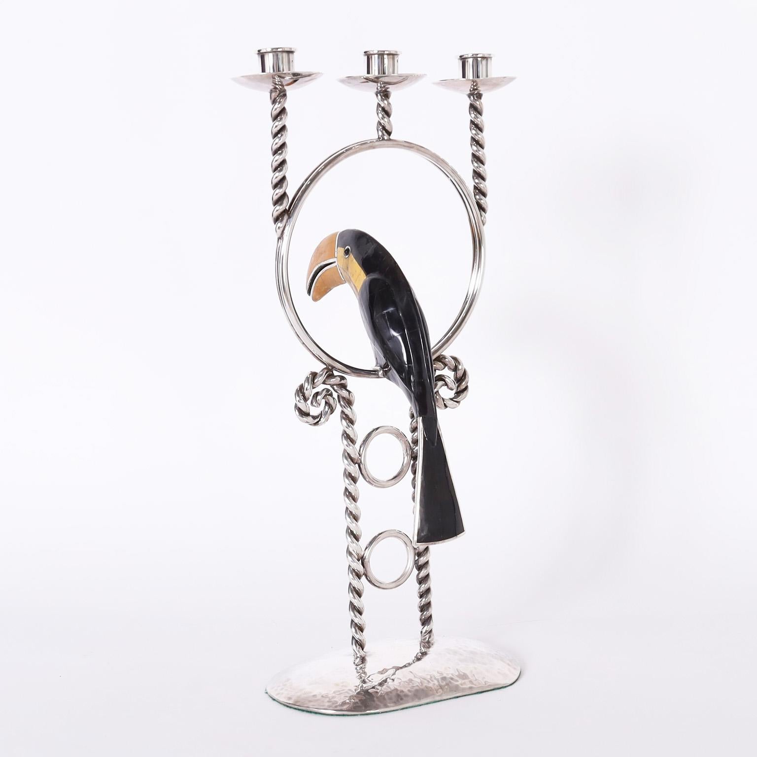 Mexican Silver Plate Candelabra with Toucan by Emilla Castillo