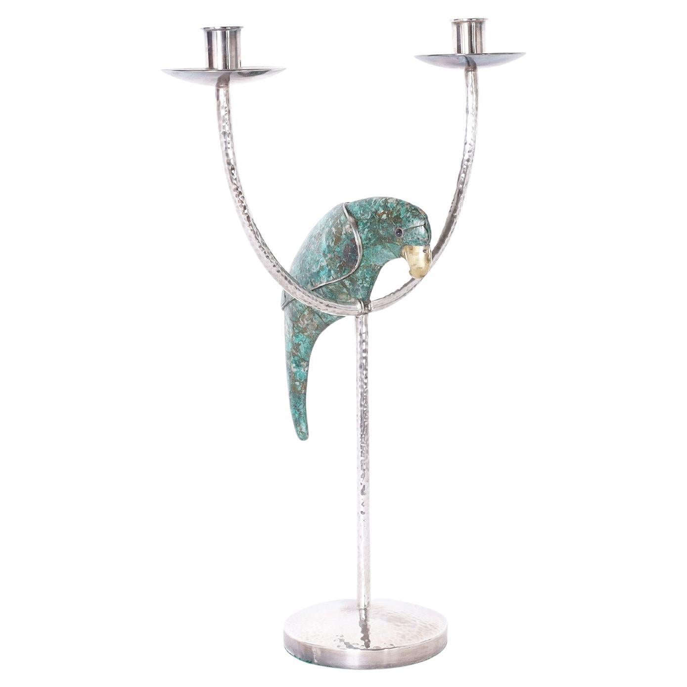 Silver Plate Candelabrum with Parrot