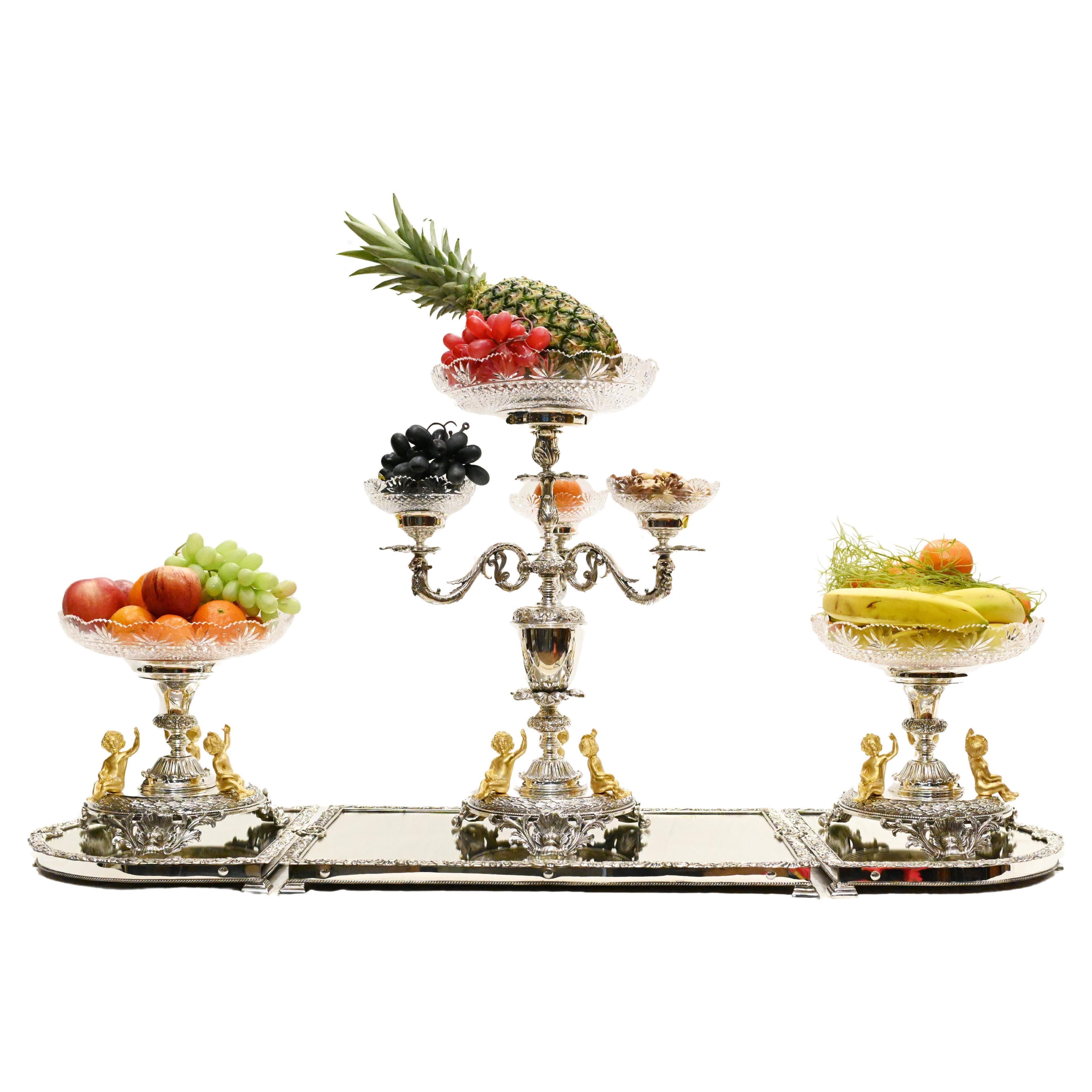 Silver Plate Centrepiece Epergne Cherub Glass Table Display For Sale