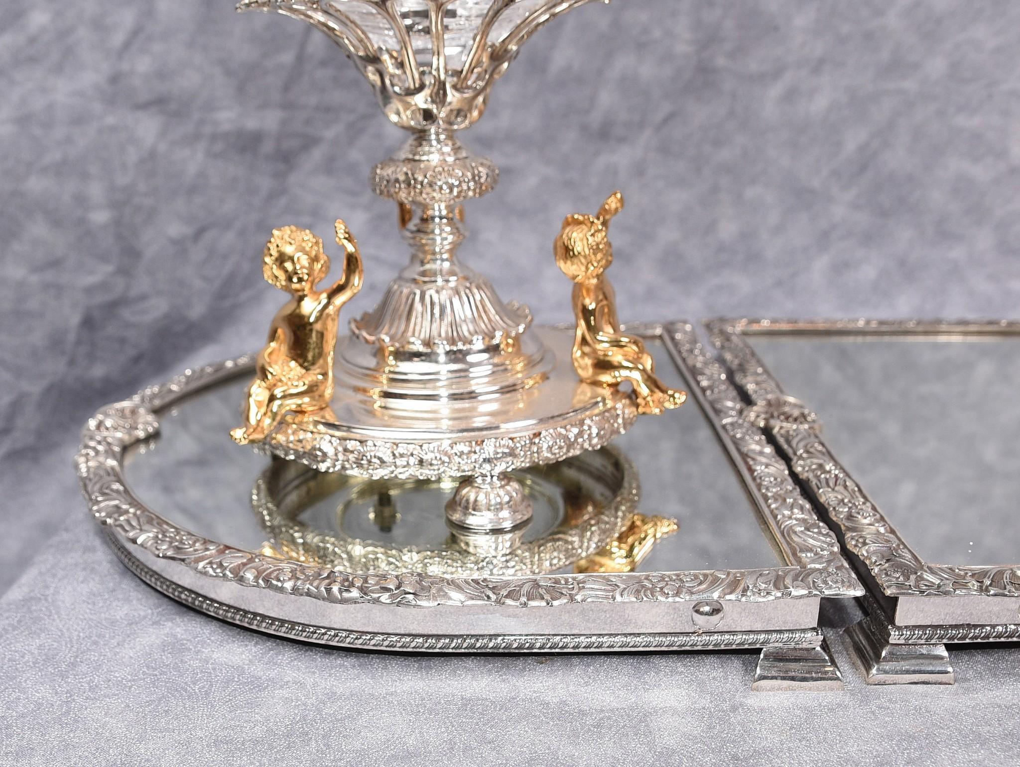 Silver Plate Centrepiece Epergne, Sheffield Glass Tray Cherub Dish For Sale 6