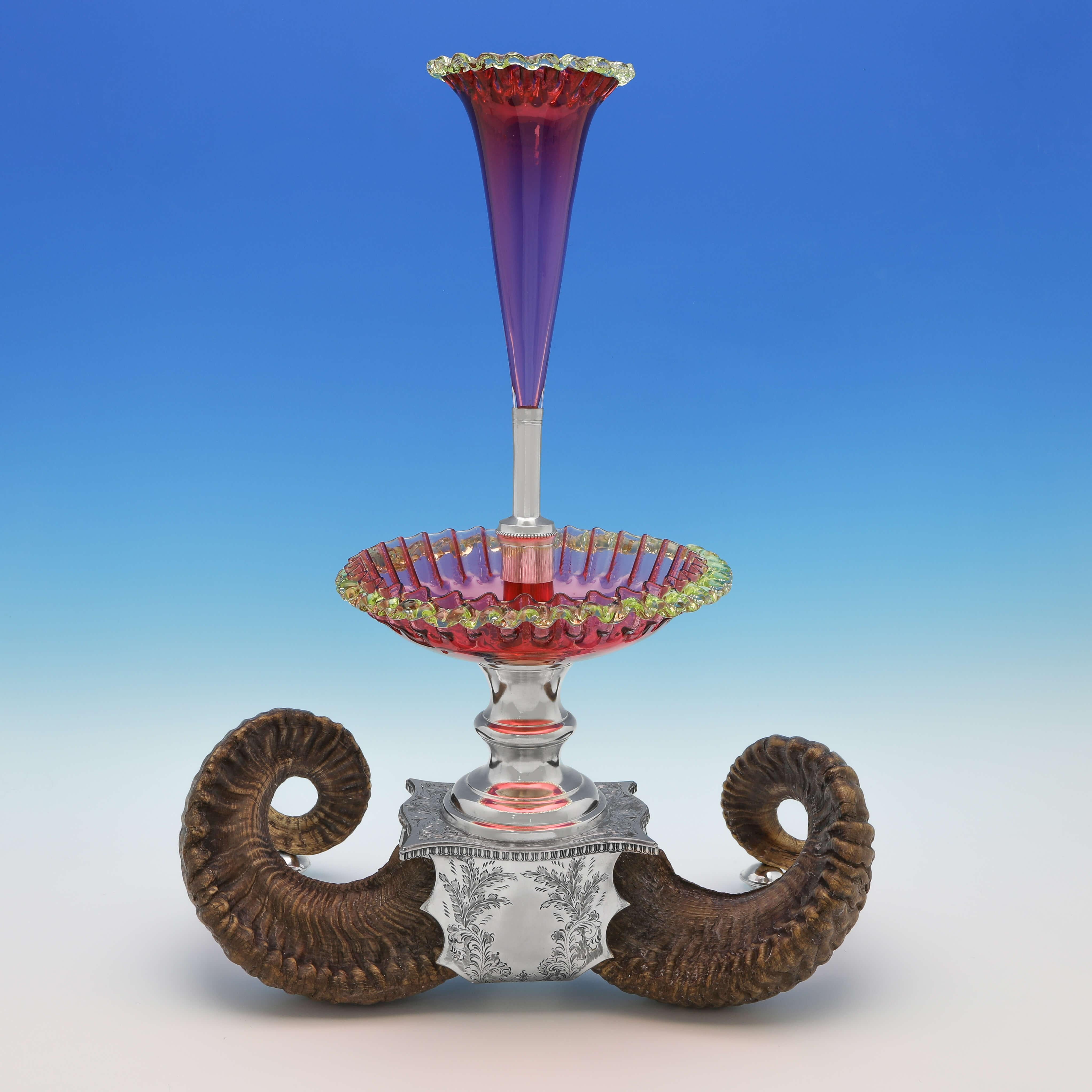 Aesthetic Movement Victorian Antique Centrepiece Vase, Ram Horn, Glass & Silverplate, Circa 1880 For Sale