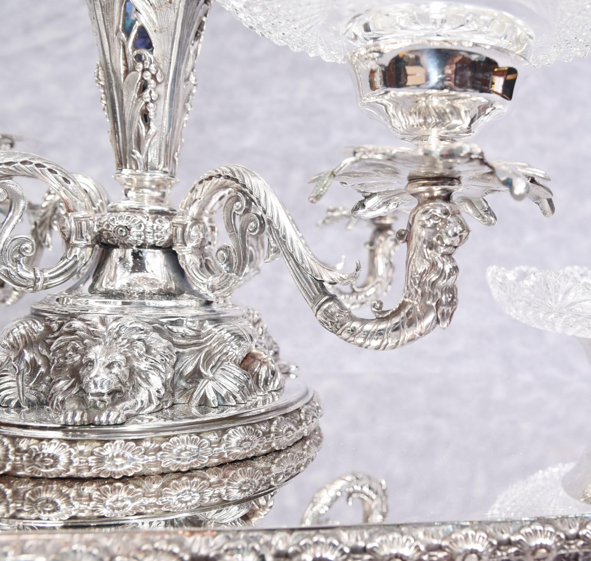 Silver Plate Centrepiece, Sheffield Surtout De Table Glass Epergne Victorian 7