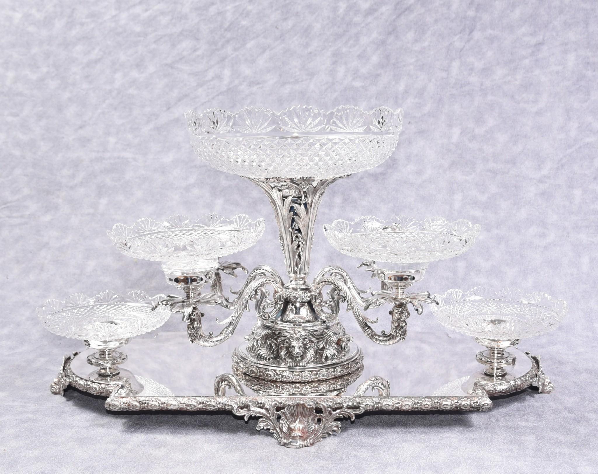 Late 20th Century Silver Plate Centrepiece, Sheffield Surtout De Table Glass Epergne Victorian