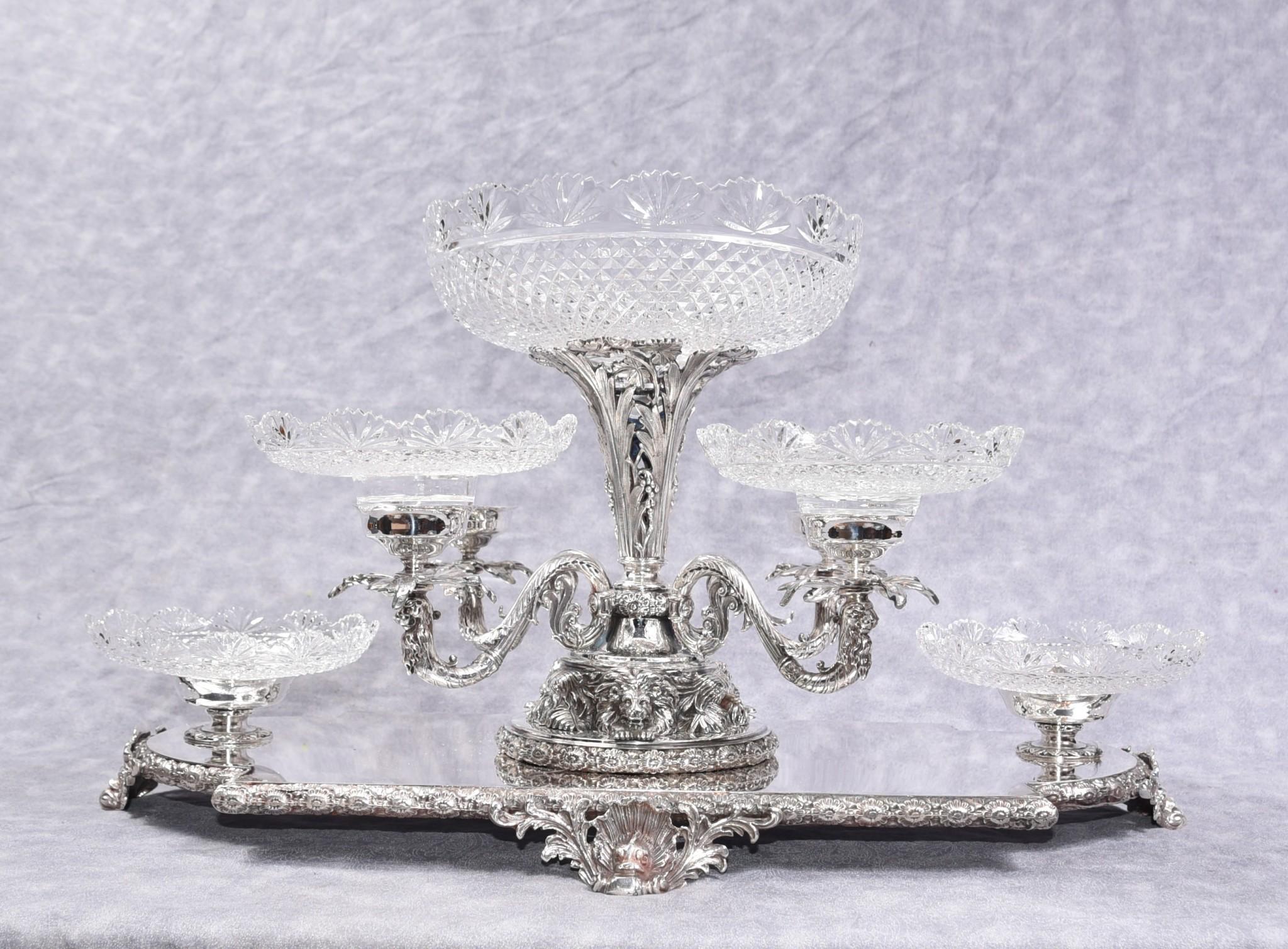 Silver Plate Centrepiece, Sheffield Surtout De Table Glass Epergne Victorian 1