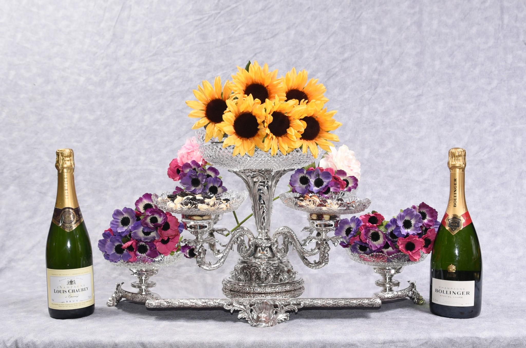 Silver Plate Centrepiece, Sheffield Surtout De Table Glass Epergne Victorian 2