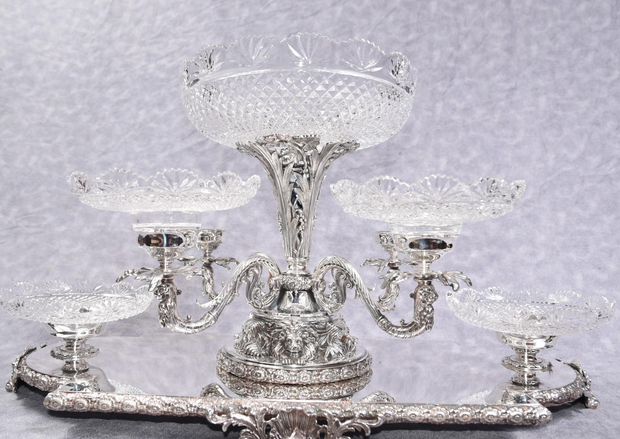Silver Plate Centrepiece, Sheffield Surtout De Table Glass Epergne Victorian 3