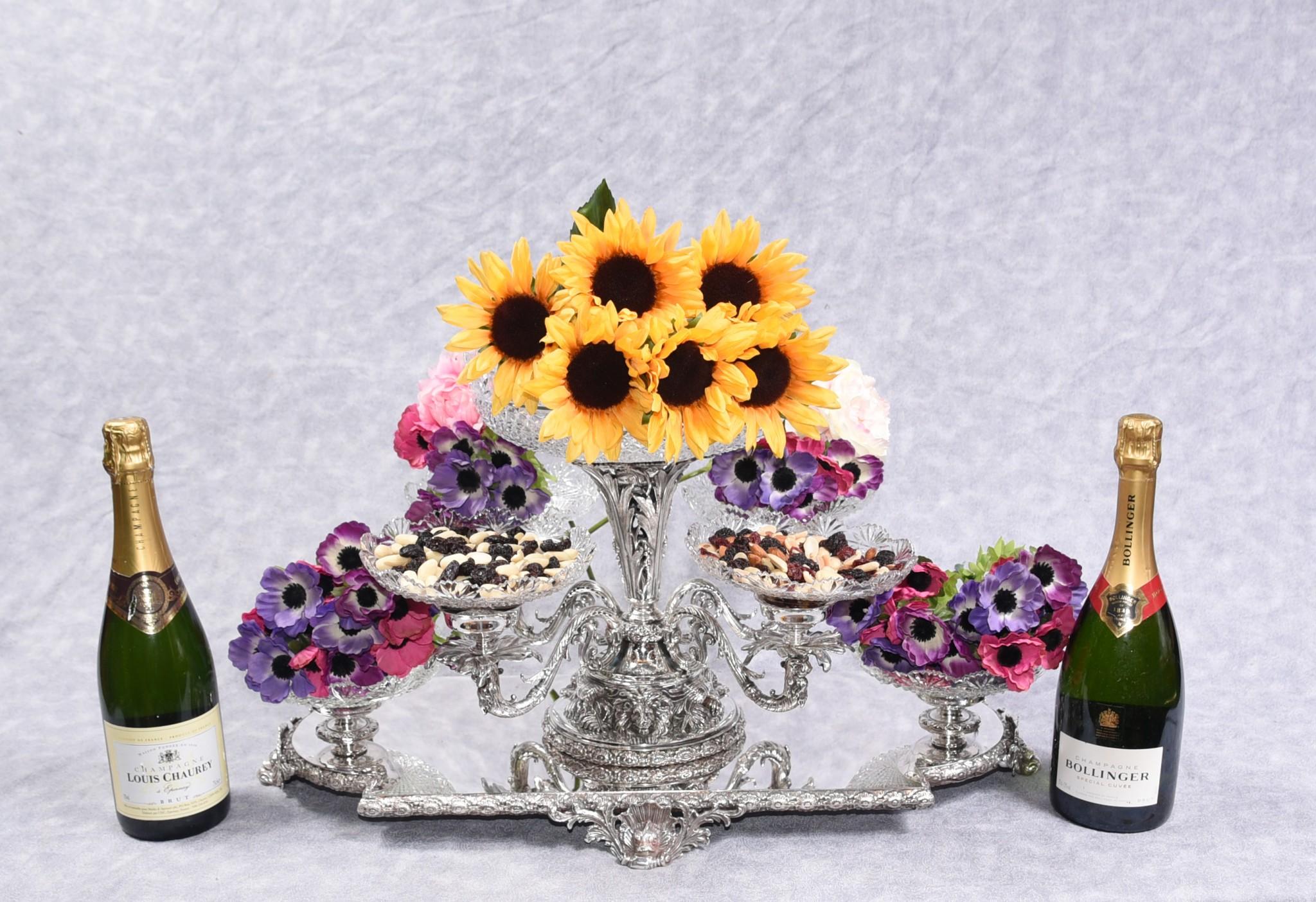 Silver Plate Centrepiece, Sheffield Surtout De Table Glass Epergne Victorian 4
