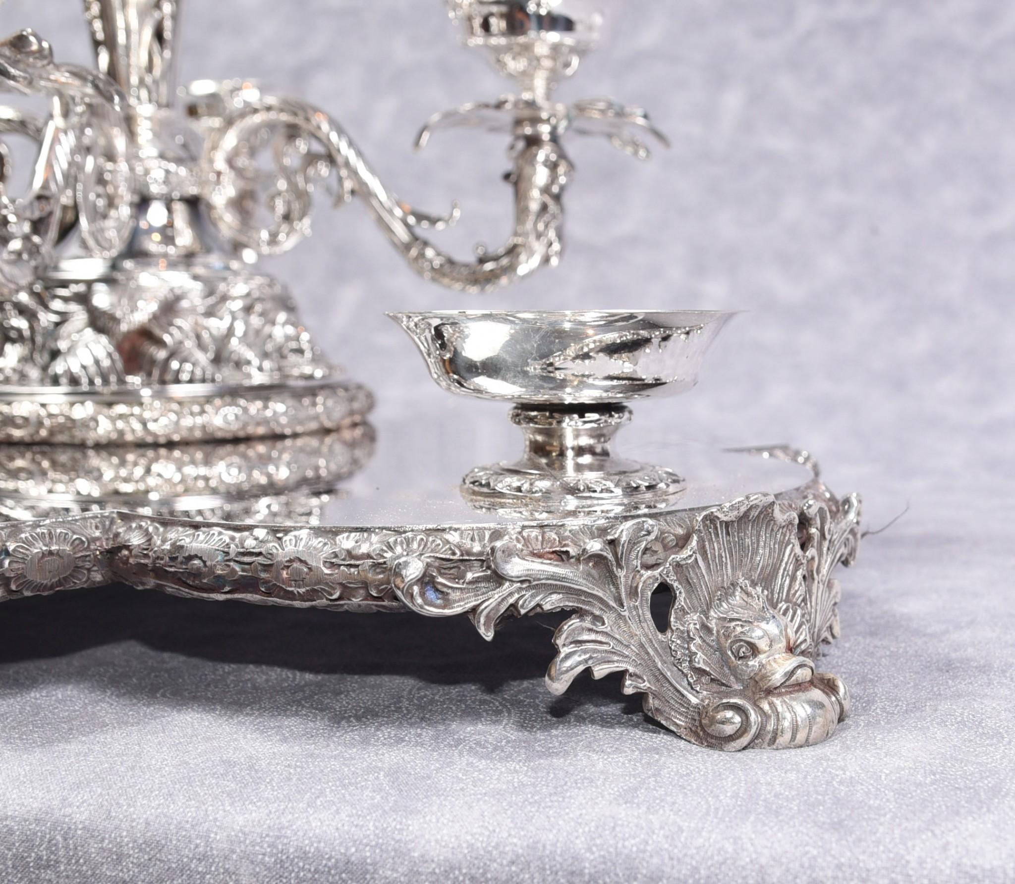 Late 20th Century Silver Plate Centrepiece, Sheffield Surtout De Table Glass Epergne Victorian Pl