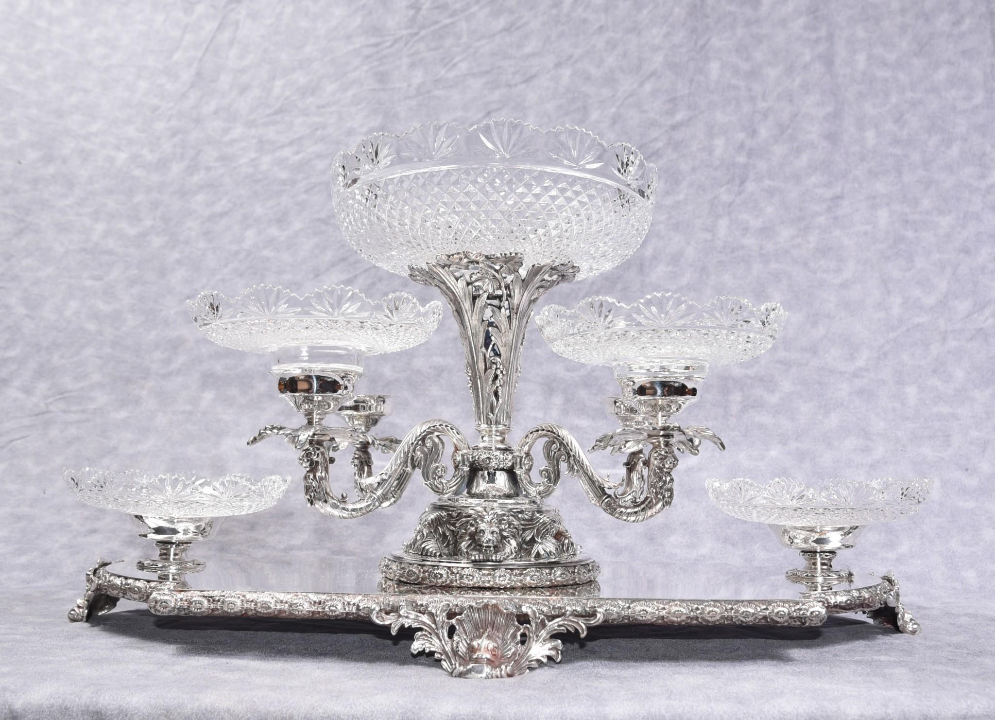 Silver Plate Centrepiece, Sheffield Surtout De Table Glass Epergne Victorian Pl 1