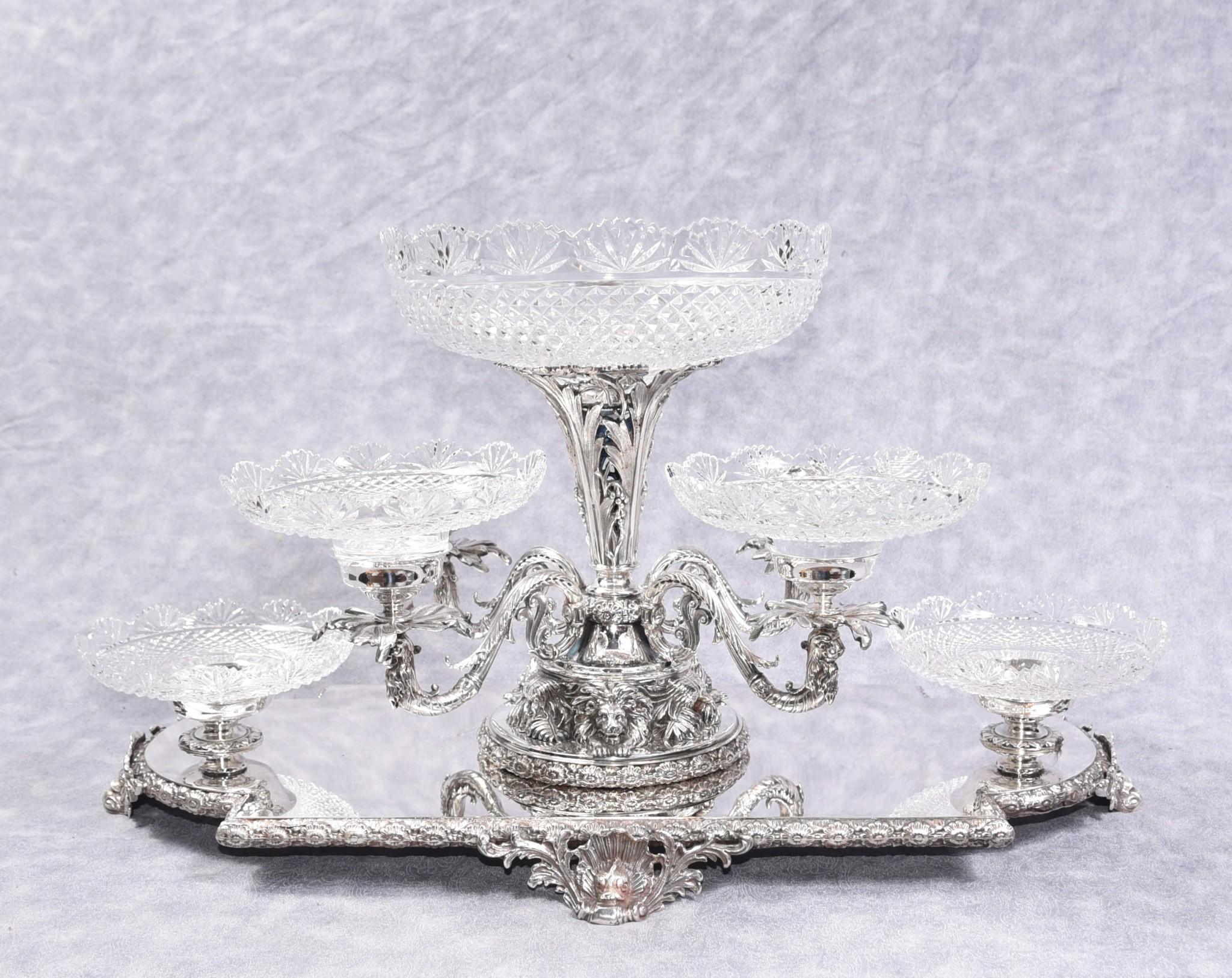 Silver Plate Centrepiece, Sheffield Surtout De Table Glass Epergne Victorian Pl 5