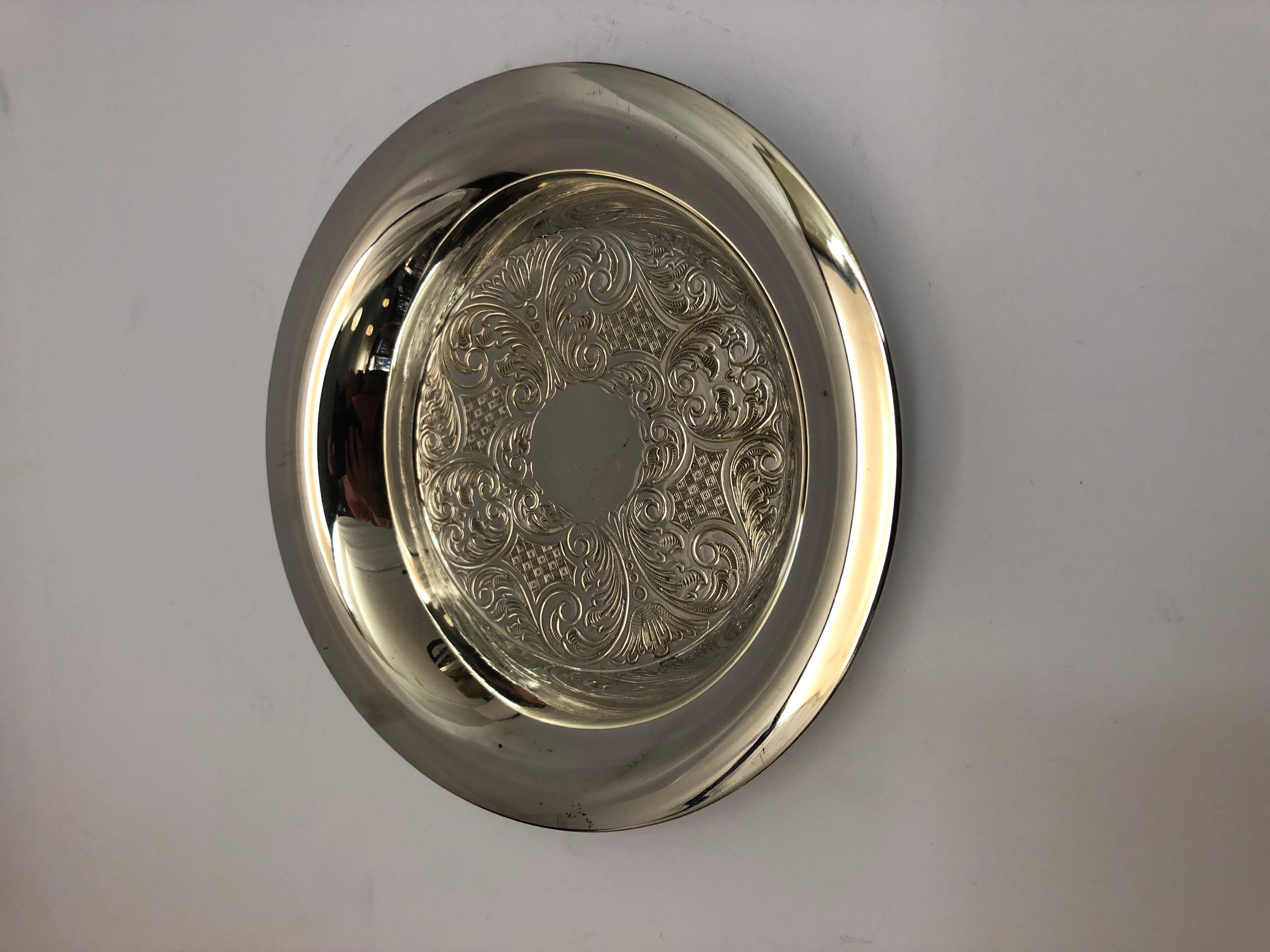 English Silver Plate Circular Dish with Embossed Decoration & a Broad Rim For Sale
