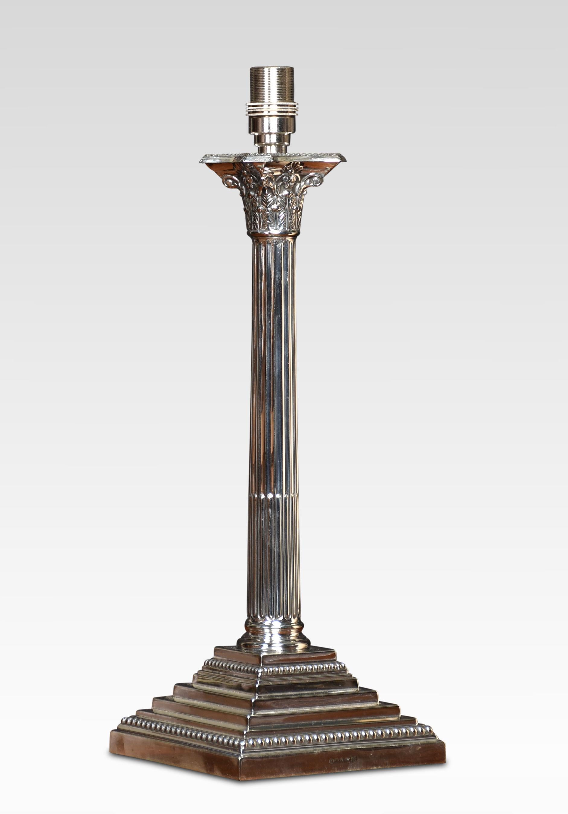 Silverplate table lamp, having a Corinthian column on square stepped base. The lamp has been rewired.
Dimensions
Height 16.5 inches
Width 6 inches
Depth 6 inches.