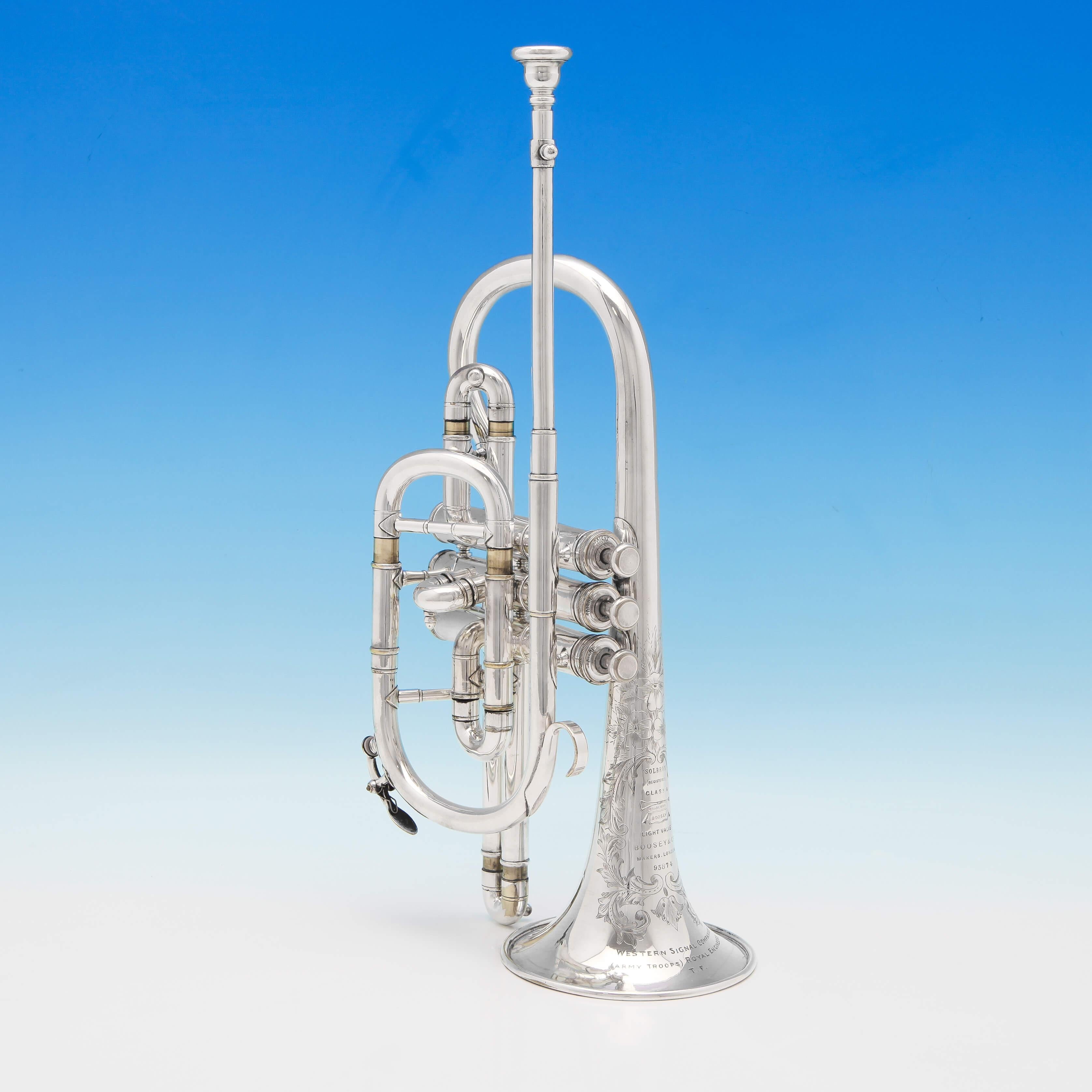 Made circa 1915, this antique, silver plated, First World War Cornet is a design registered by Solbron, made by Boosey & Co., and is engraved with an inscription with reads 'Western Signal Companies - (Army Troops) Royal Engineers - T. F.'. The