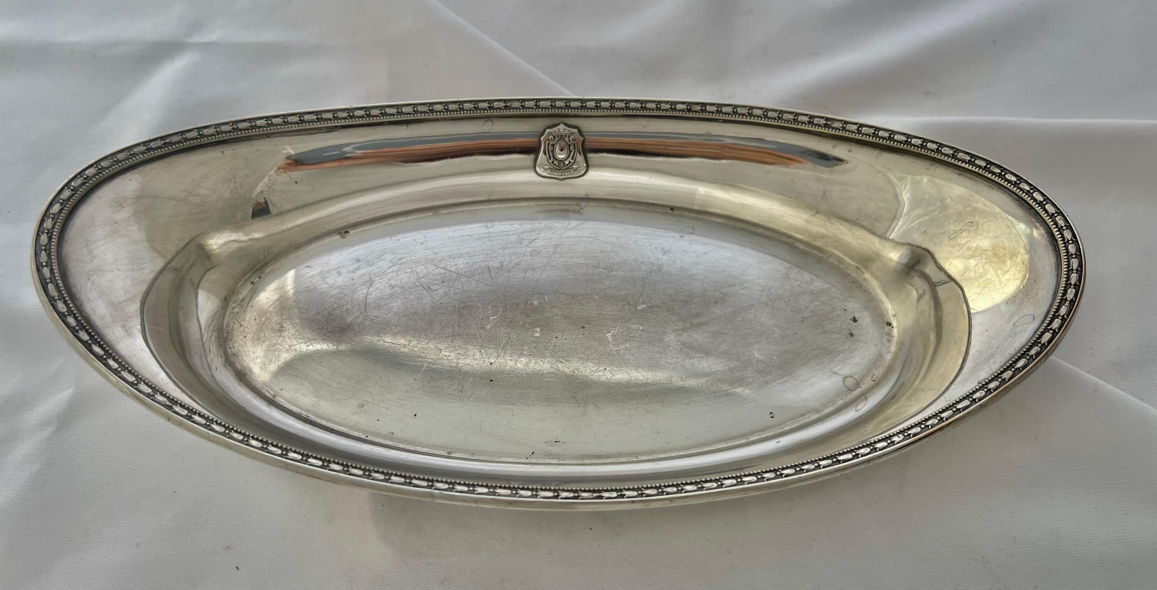 Oval Gorham silver-plated dish made for the iconic Hollywood Rosevelt Hotel in Los Angeles. The dish is beautiful made with fine detailing around the perimeter of the dish. There is a small shield with the hotel's name. It is a great piece of early